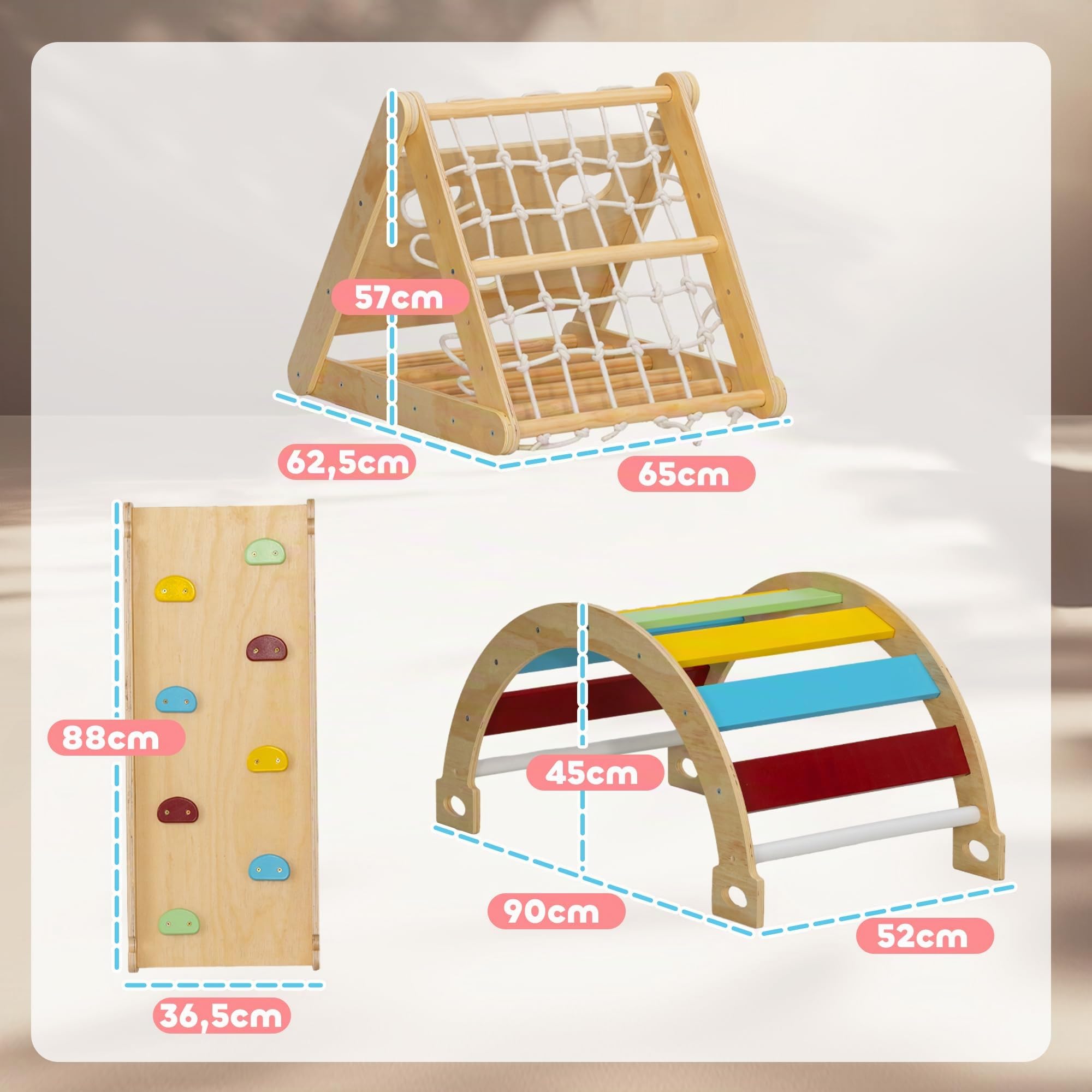 AIYAPLAY 7-in-1 Montessori Klettergerüst Kinder 1,5-4 Jahre Mehrfarbig | Indoor Holz Kletterdreieck, Kletterbogen, Rutsche, Rampe, Kletternetz, Kletterstein, Indoor Spielplatz