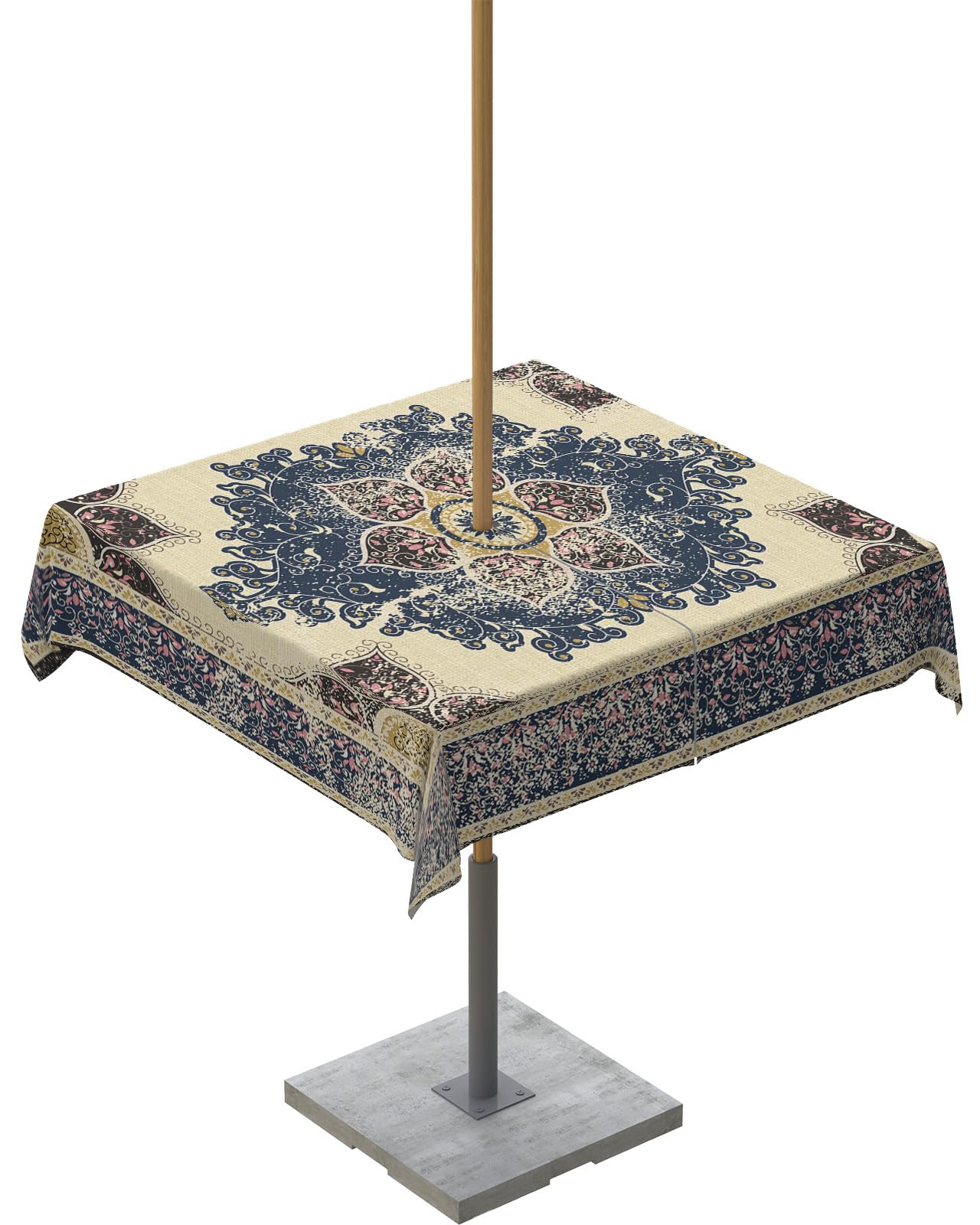 Western Flower Outdoor Tablecloths with Umbrella Hole and Zipper, Waterproof/Stain Resistant Square Table Cloth 60x60 Patio Table Cover for Picnic/Party Rustic Tribal Ethnic Boho Farmhouse