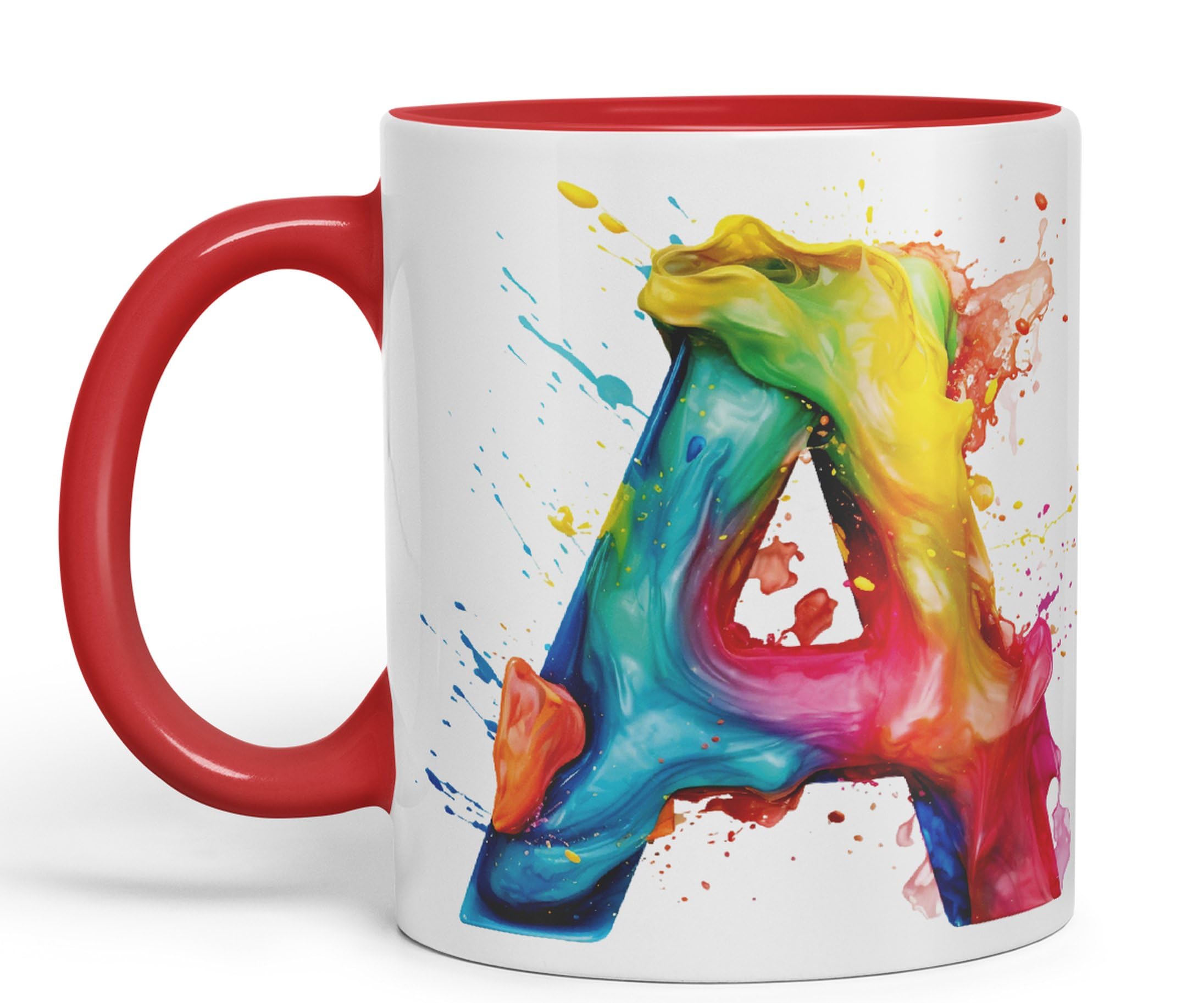 Vixar Letter A Mug, Alphabet Letter A Monogram Watercolour Ceramic Coloured Mug Cup for Tea Coffee Hot Brew 330ml 11Oz Gift (Red)