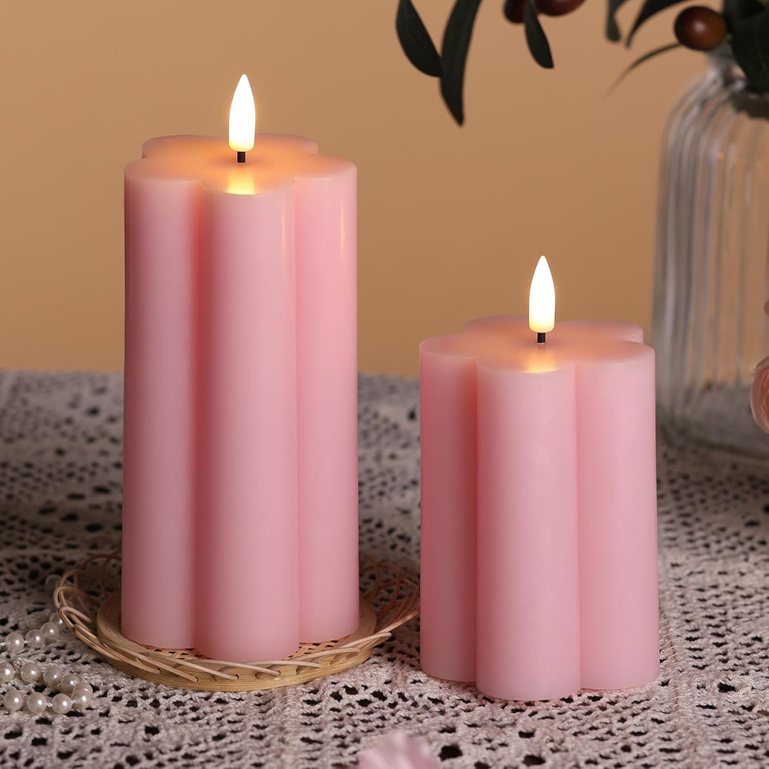Pink Flameless Pillar Candles with Remote, Flickering LED Wax Candles Battery Operated, Aesthetic Home Decor Set of 2