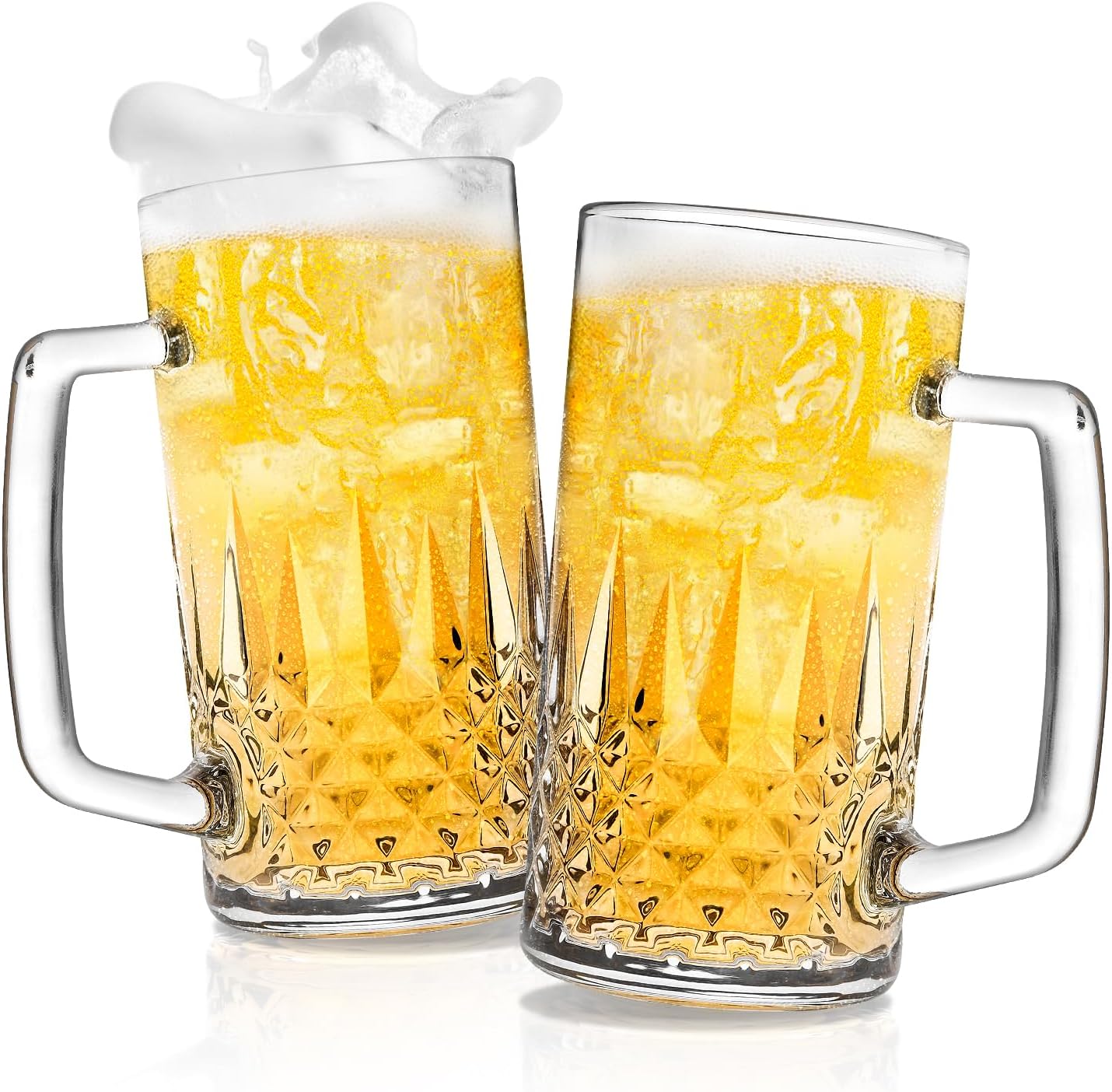 Beer Mug Set of 2, 580ml Crystal Beer Glasses with Handle, Large Glass Mugs for Freezer, Gifts for Men, Dad, Father's Day