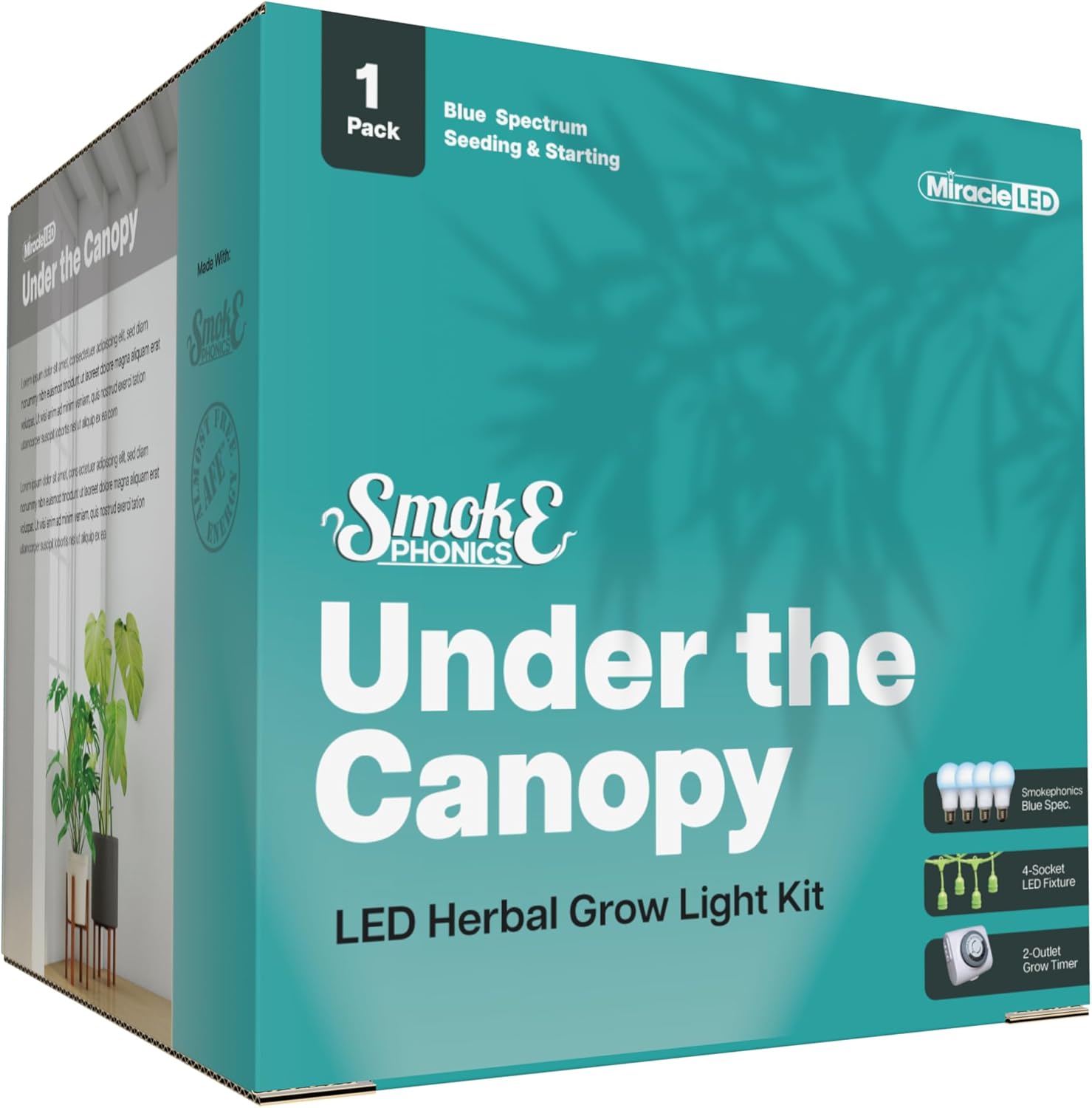 Miracle LED Smokephonics Under The Canopy Indoor Grow Light Kit - Double Plant Yield - Blue Spectrum 150W Replacement Grow Bulbs & 4-Socket Corded Fixture with SproutMatic Timer