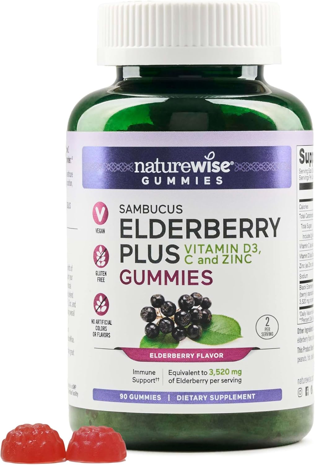 NatureWise Sambucus Elderberry Gummies – Immune Support Supplement for Kids Ages 4+ & Adults with Vitamin C, D3, Zinc – Elderberries Equivalent to 3520mg – Vegan, Non-GMO – 90 Count[45-Day Supply]