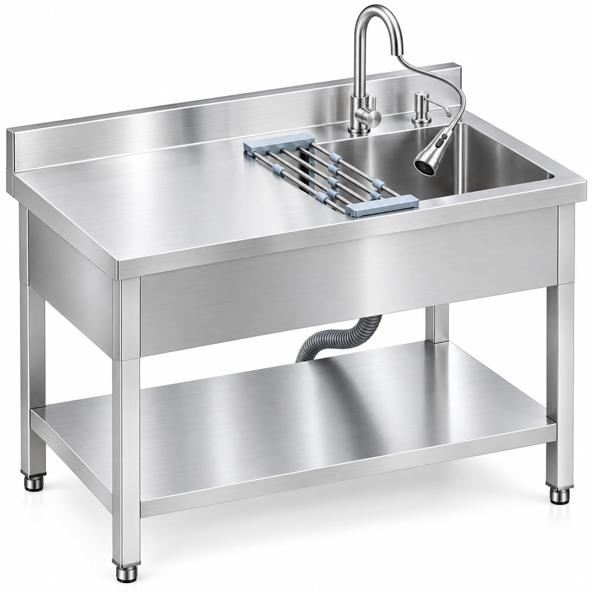 Stainless Steel Utility Sink with Workbench, Freestanding Commercial Sink