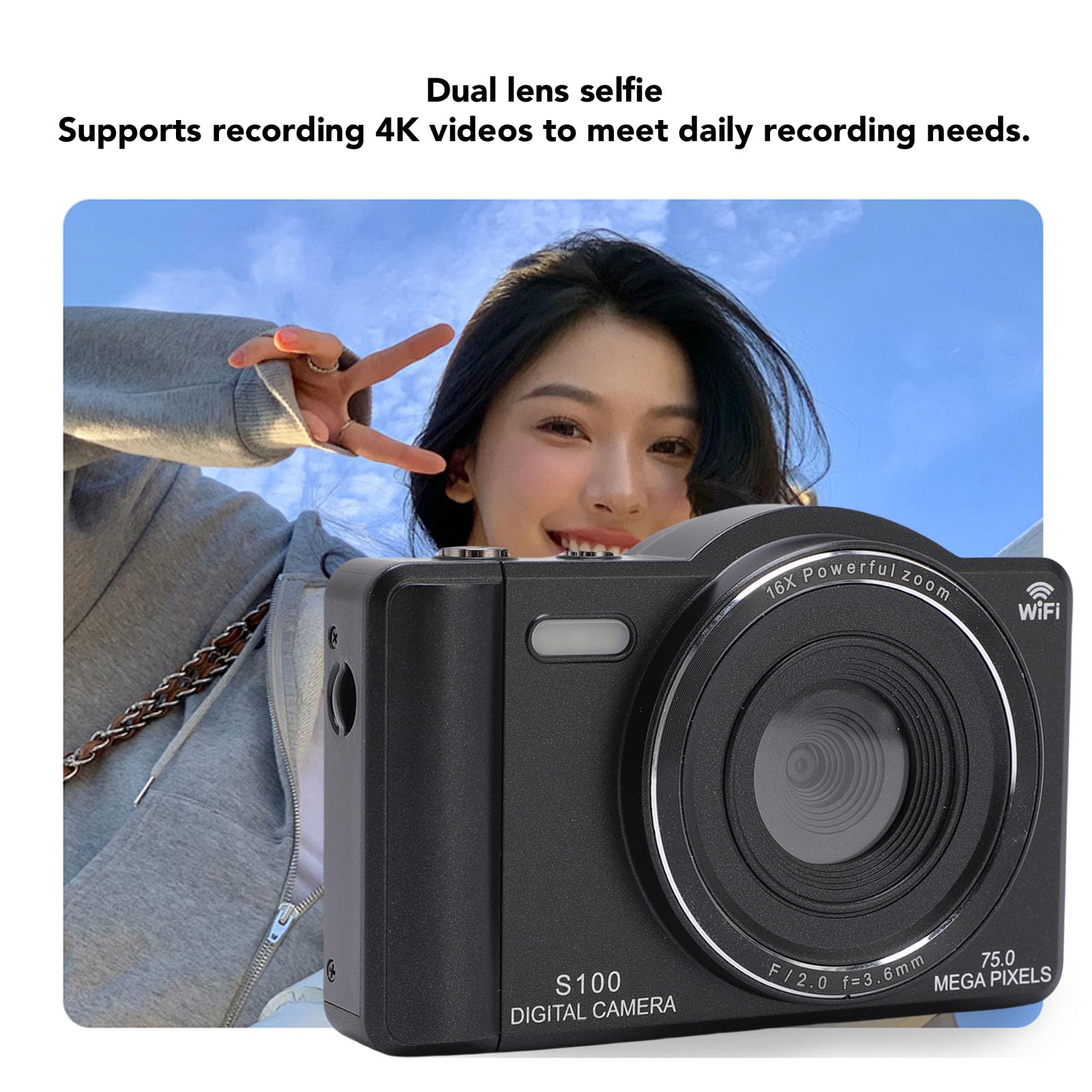 Bewinner Camera Digitale 4K per Fotografia, Fotocamera vlog WiFi 75MP con Touchscreen da 2,8 ", 16x Zoom Digitale, Videocamere AutoFocus per Principianti (64GB)