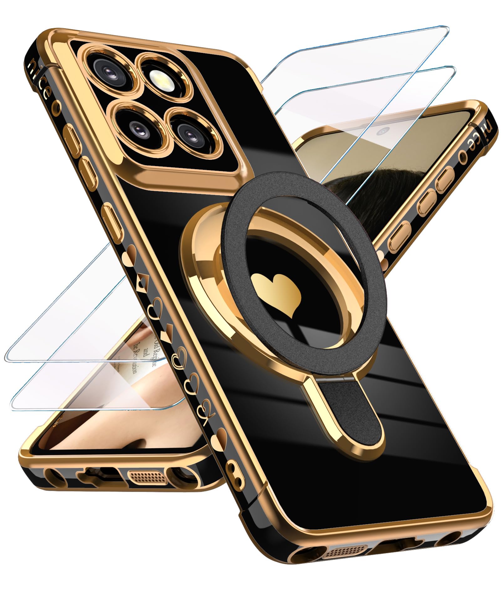 Liufcx for Motorola G Stylus 5G 2025/2026 Cute Love Heart Kickstand Woman Girls Phone Case with Screen Protector:Plated Gold Edge Slim Soft TPU