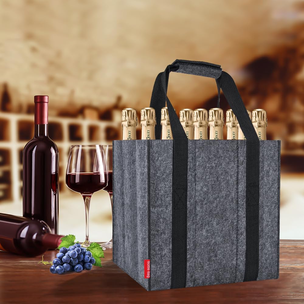 Eurhomewit Borsa per Bottiglie Vino Acqua in Feltro, 9 Scomparti Borse Porta Vino Portabottiglie, Borsa Trasporto per Vino Bottiglie in Vetro 1,5 litri, Riutilizzabile - Nero