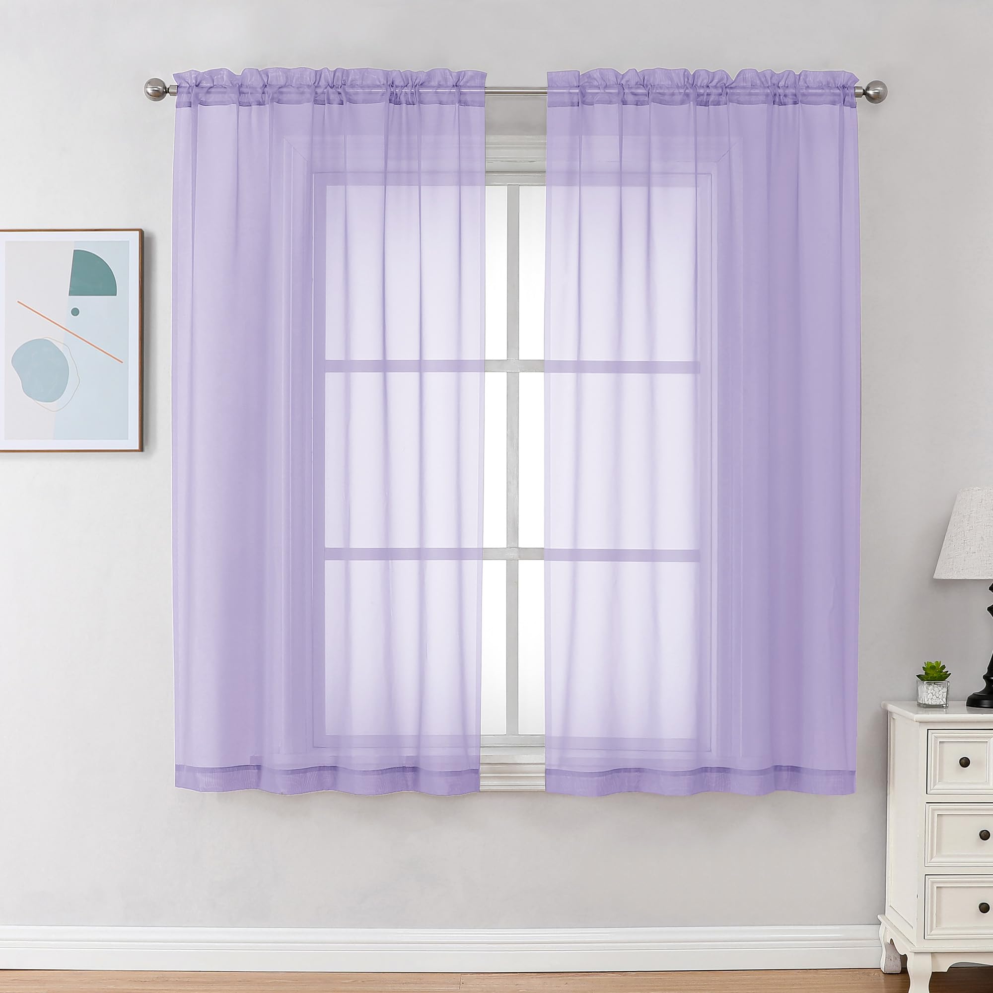 Chyhomenyc Tende Velate Color Lilla, Lunghe 114 Cm, 2 Pannelli, Con Tasca Per Asta Filtrante Della Luce, In Voile, Tende Corte Per Soggiorno, Camera Da Letto, Finestre Piccole, 106 X 114 Cm-image