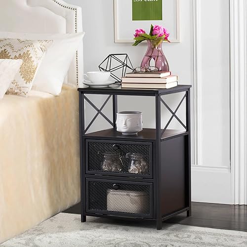 Nightstand Modern Night Stand Side End Table with Drawers and Storage Shelf for Bedroom, Living Room, Industrial Design, Black