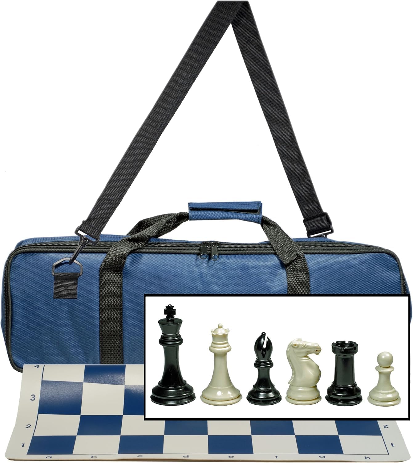 WE Games Ultimate Tournament Chess Set - Blue Portable Chess Board, 4 in. King, Travel Chess Set with Foldable Silicone Mat, Canvas Bag, Triple Weighted Chess Pieces, Perfect Adult Travel Set