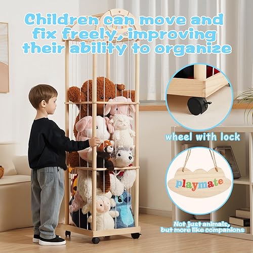 Miniatura 4 de Organizador grande de almacenamiento de animales de peluche, 61 pulgadas de alto de madera de alta calidad, lindo soporte para juguetes de zoológico