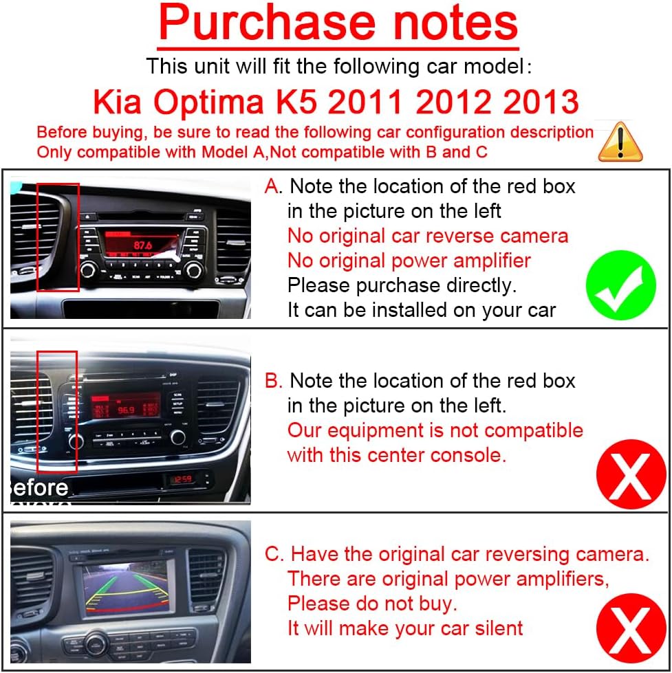 Diagram showing compatible and incompatible Kia Optima K5 dashboard configurations