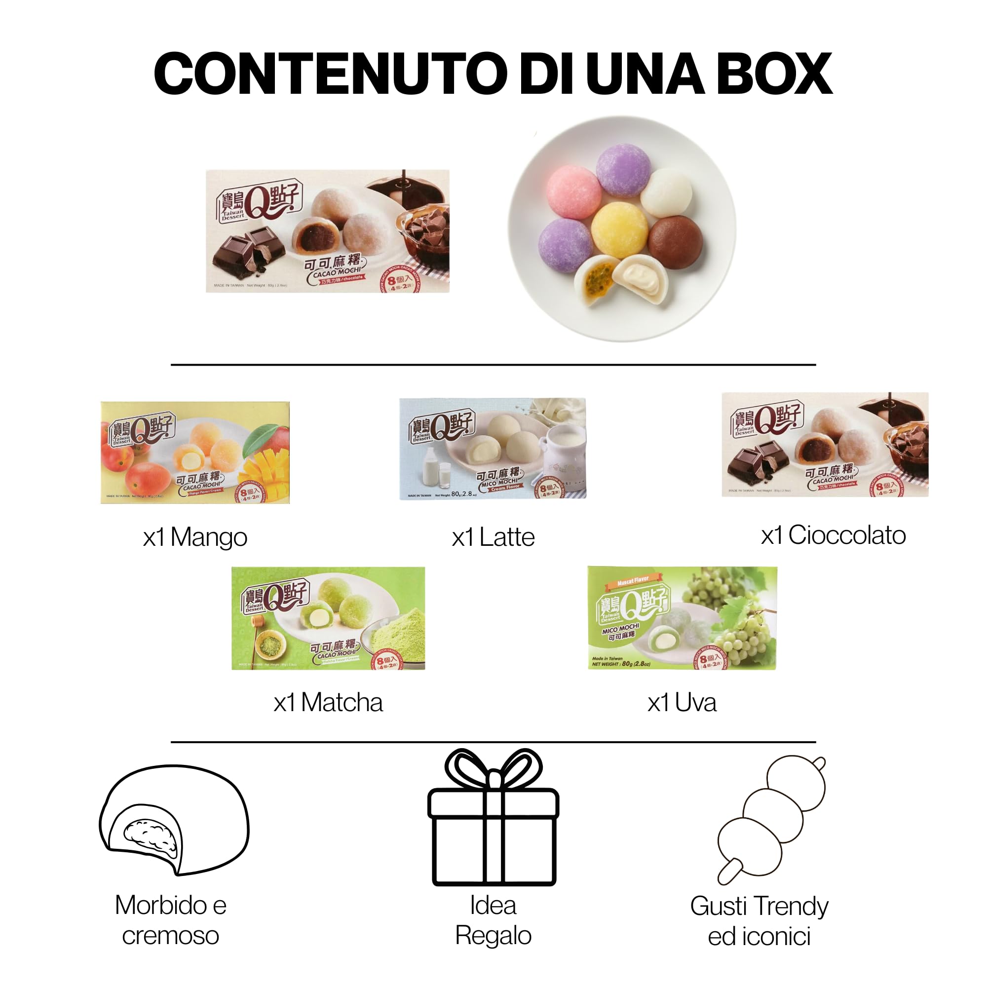 Hu Taste Mochi Mix Selezione Gourmet - Kit 5 Gusti: Matcha, Cioccolato, Latte, Mango e Uva - Box Snack Giapponesi e Dolci Asiatici Assortiti (Gusti Cremosi: Mango, Cioccolato, Latte, Matcha e Uva)