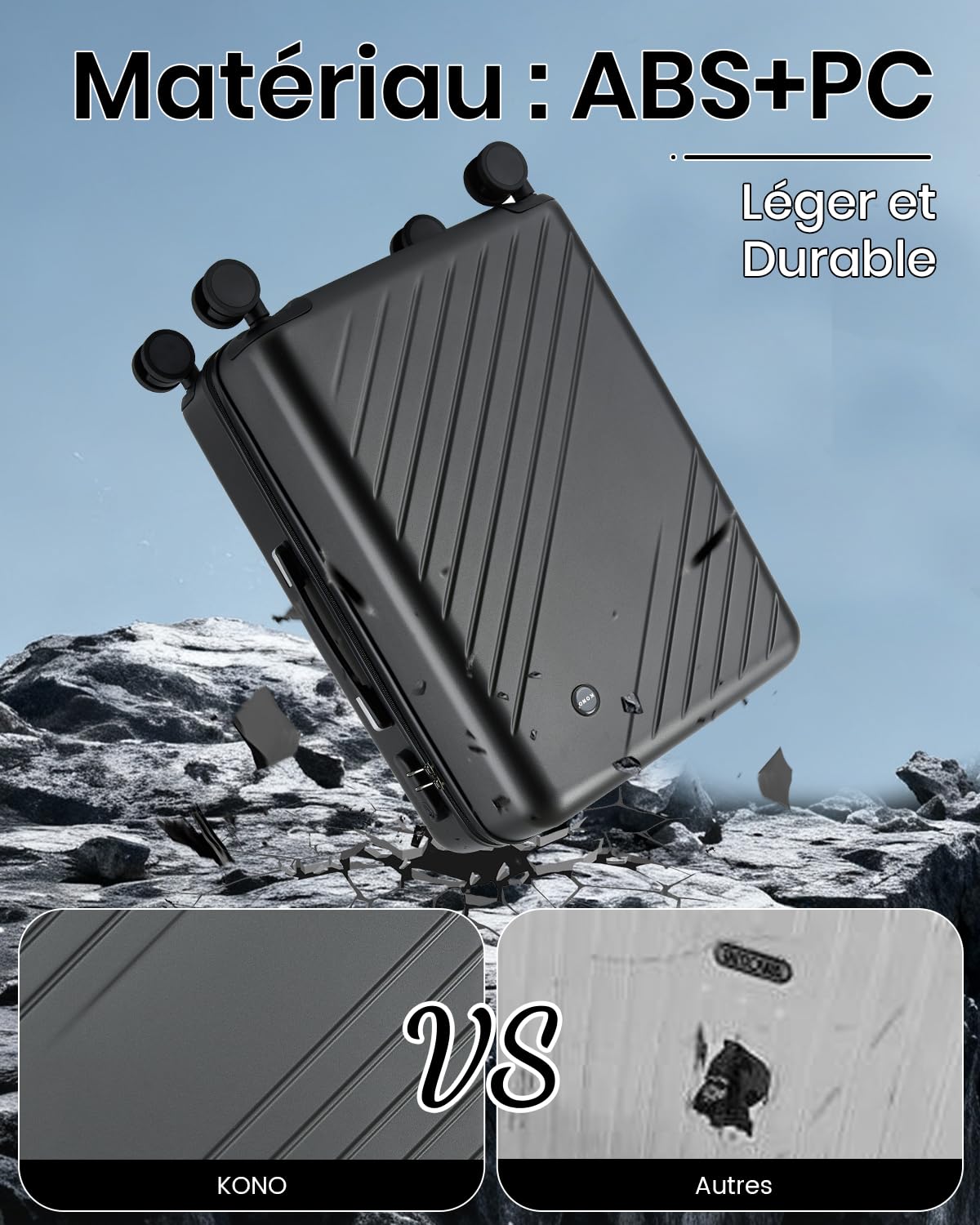 Kono Valise Grande Taille Soute 76.5cm 94L Valise Rigide ABS+PC Anti-salissure Imperméable Léger Résistant à la Compression 360° Roues Silencieuses avec Serrure Extérieure de Sécurité, Gris/Noir