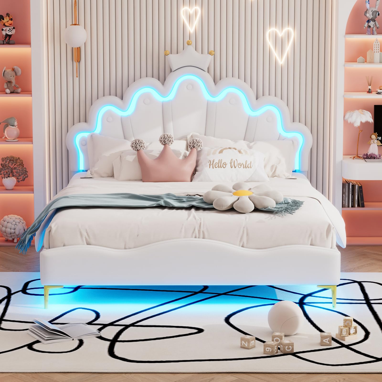 Letto per bambini imbottito 140x200 cm con LED, letto doppio per ragazza adolescente, testiera regolabile in altezza, design a forma di corona, rete a doghe, PU, senza materasso (bianco LED