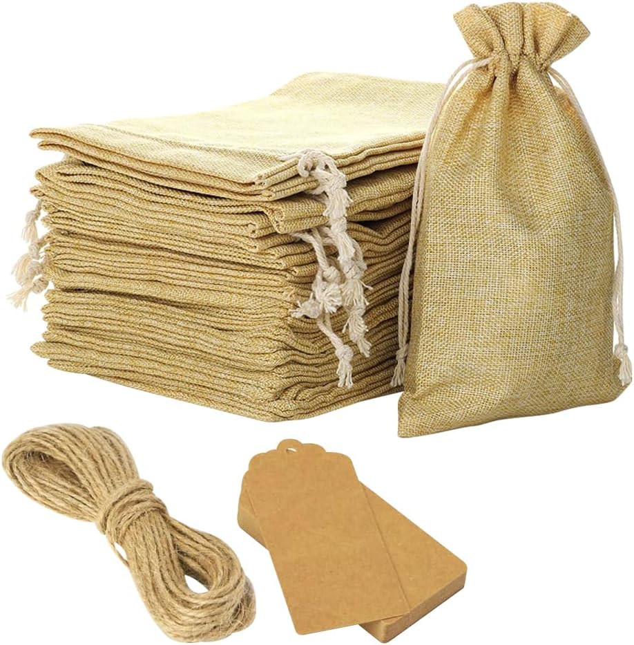 25 Pcs Burlap Bags with Gift Tags Drawstring Ropes 4 x 6, Bulk Linen Jute Bags Rustic Gift Bag for Wedding Party Favors Festivals DIY Craft Present Snacks Jewelry Birthday Party Bags Treat Pouches