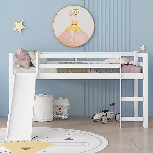 Harper & Bright Designs Cama alta baja con tobogán tamaño individual para niños y niñas, cama alta de madera de pino maciza con escalera y rieles de