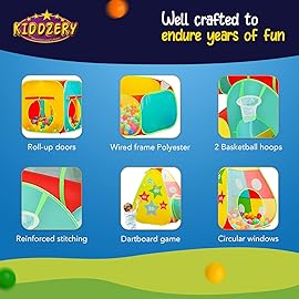 5pc Kids Play Tent for Toddlers with Ball Pit, Crawl Tunnel, Indoor & Outdoor Playhouse, Jungle Gym, Toys for Boys & Girls, Includes Dart Balls, Teepee & Basketball Hoops, (with 50 Balls)