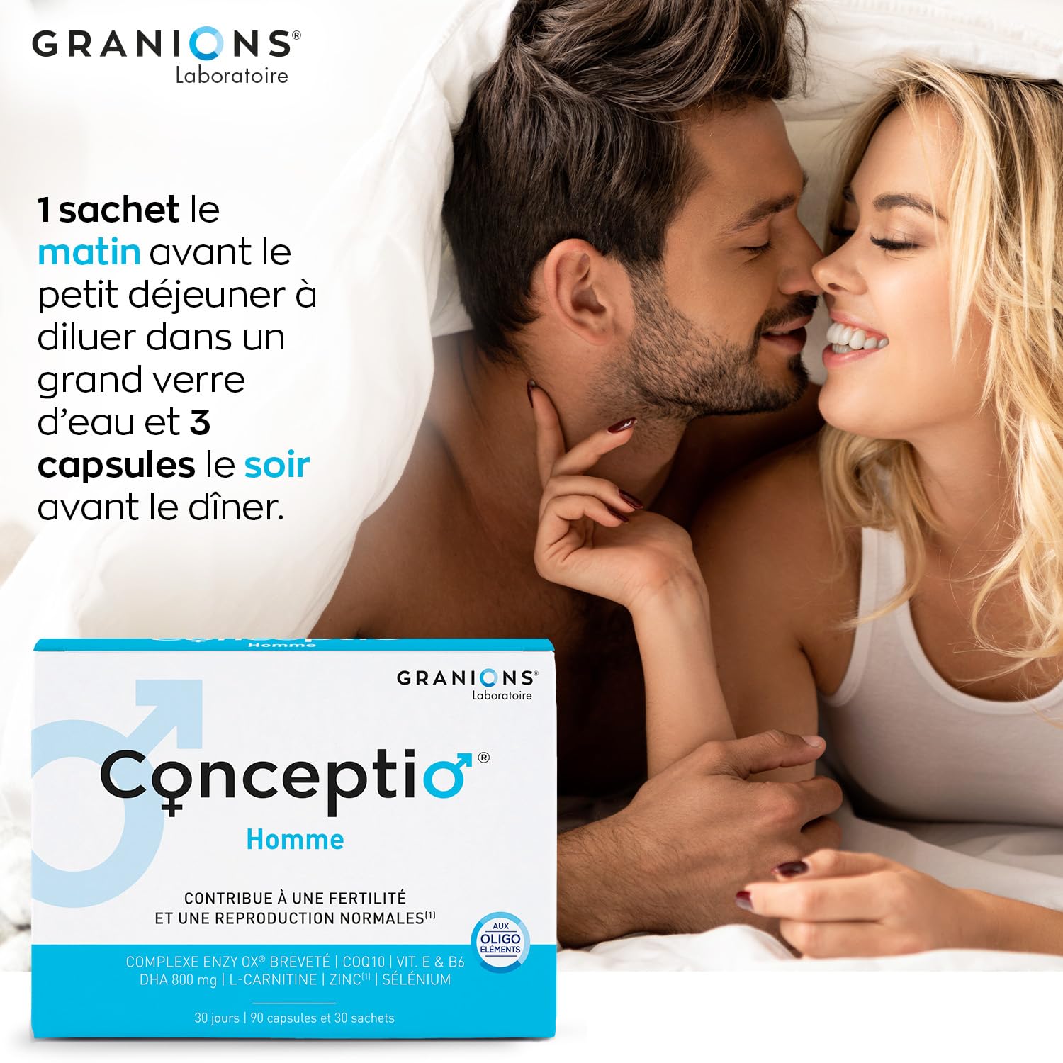 GRANIONS | Conceptio homme | Fertilité masculine, reproduction normale | Complexe Breveté Enzy Ox (Coenzyme Q10, Vitamine E), L-Carnitine, Dha, Oligoéléments | 90 capsules et 30 sachets (30 jours)
