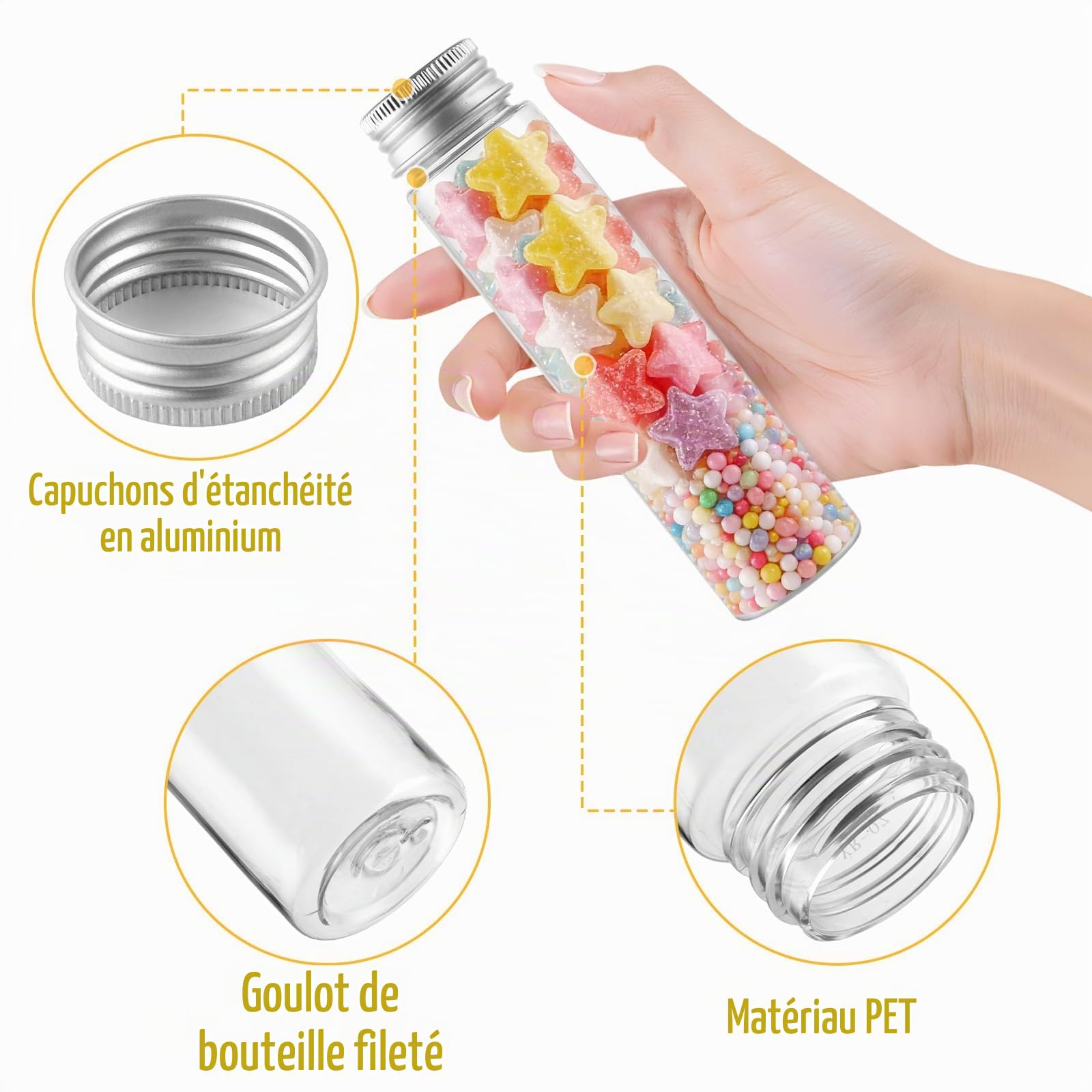 Lot de 36 tubes à essai avec bouchon à vis - 80 ml - Tubes à essai avec couvercle transparent - En plastique - Pour fleurs, bonbons, perles, plantes, sels de bain réutilisables