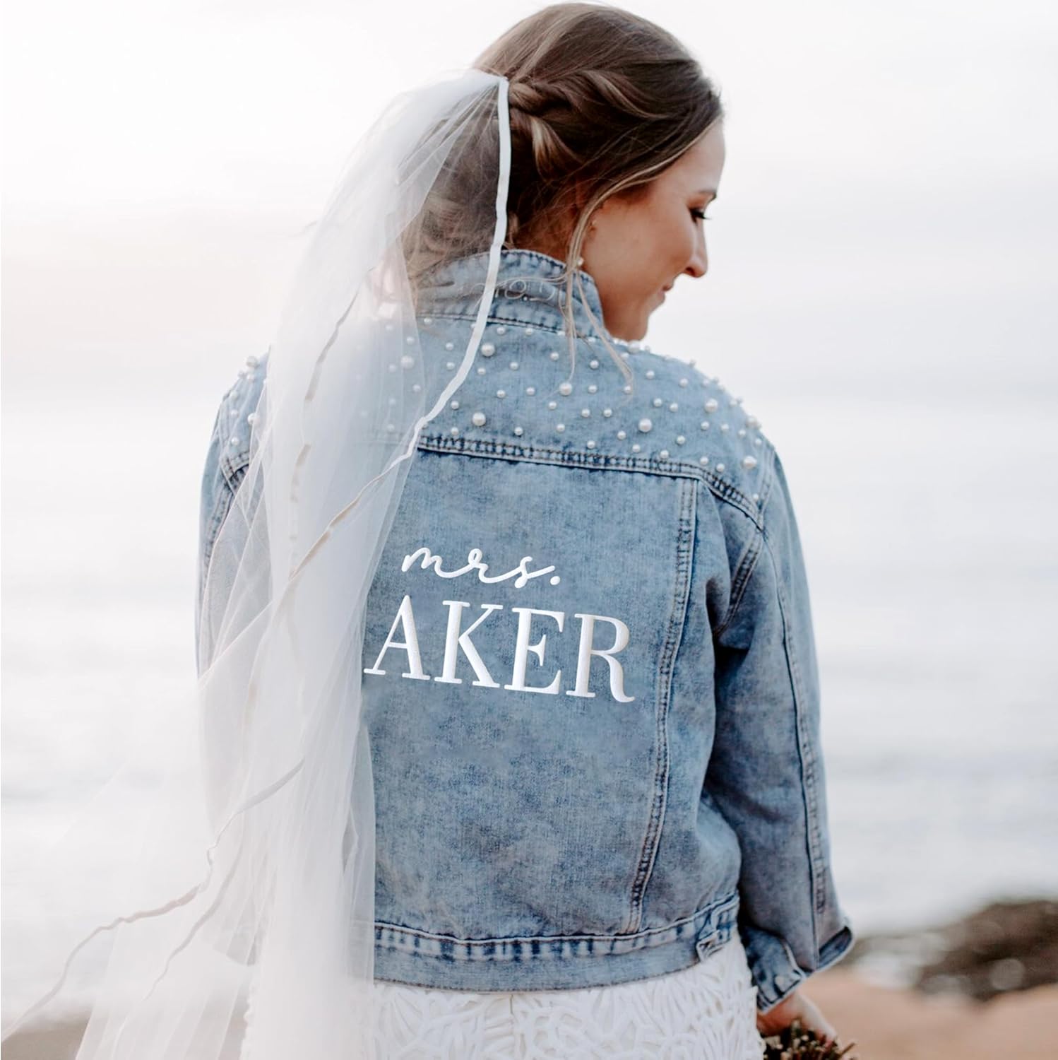 Noni Personalized Embroidered Bride Denim Jacket, Future Mrs Jean Jacket With Pearls, Wedding gifts for Bride - Image 4