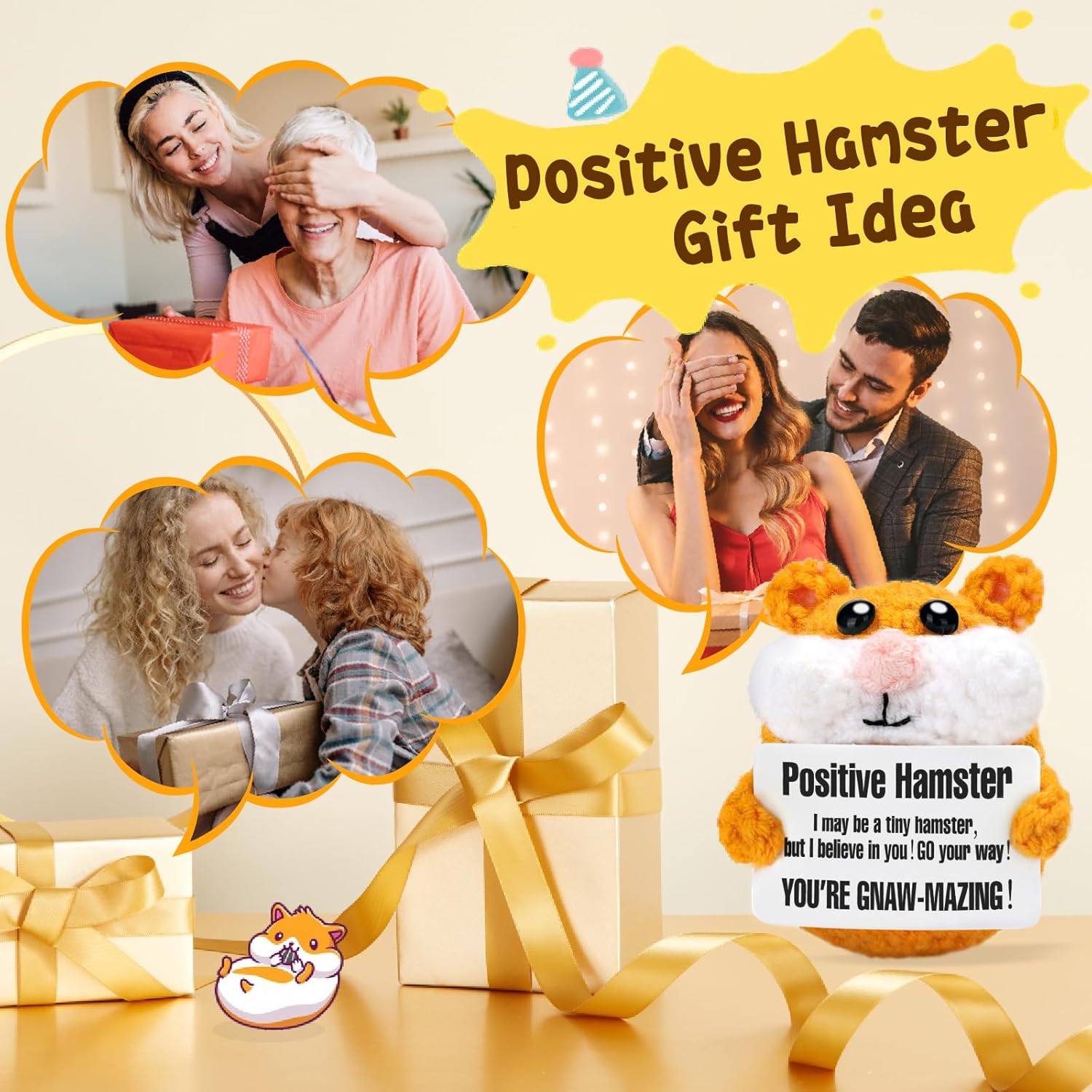 Positive Crochet Animals Handmade Hamster Plush Easter Basket Stuffers Essentials Funny Valentines Emotional Inspiration Support Gifts Birthday Gift for Teens Grils Boys Men Women Uplifting Gift