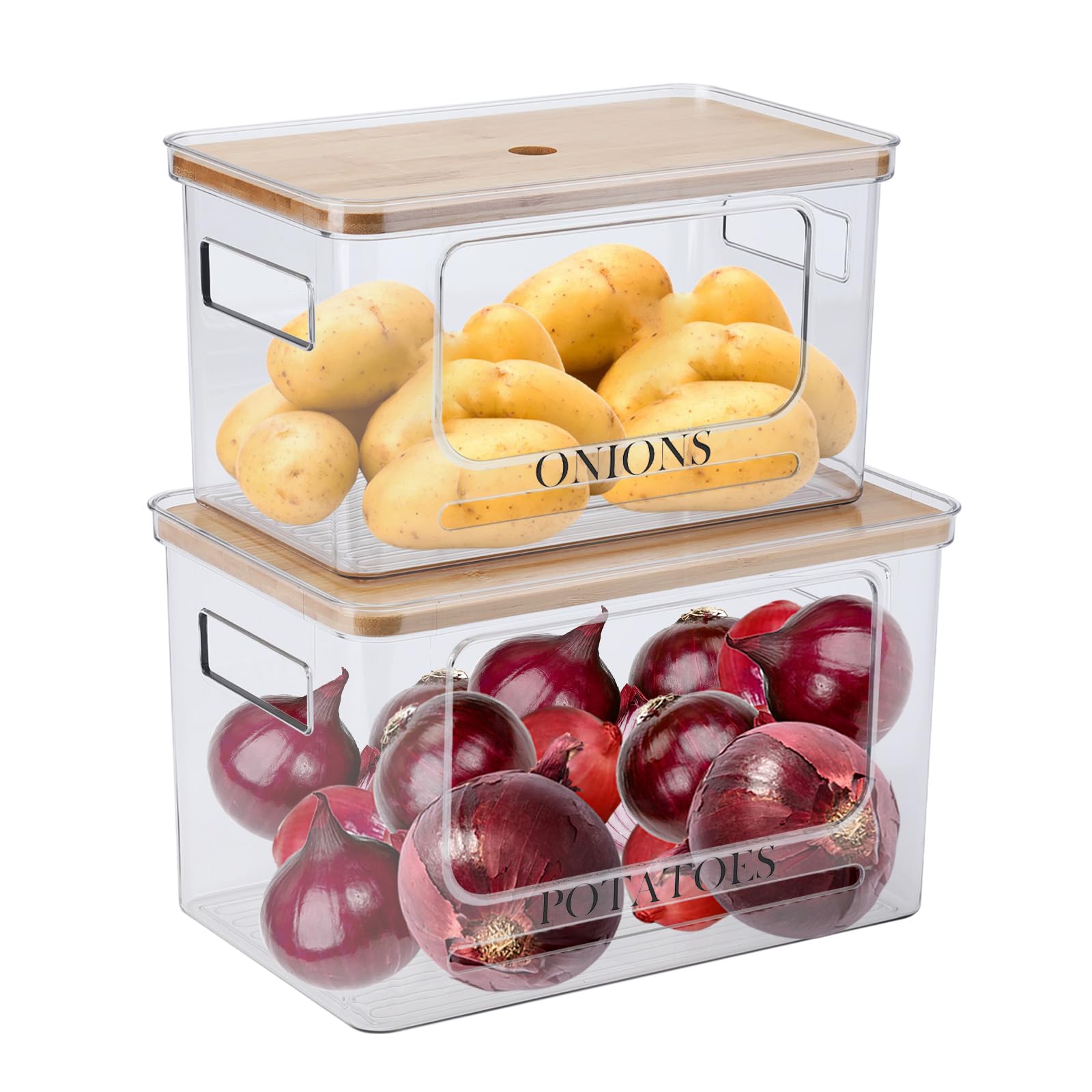 Kartoffel- und Zwiebel-Aufbewahrungsbehälter-Set, transparent, stapelbar, Obst- und Gemüse-Aufbewahrungsbox mit Deckel und Griff, Zwiebelkartoffelhalter, robuster Aufbewahrungskorb für