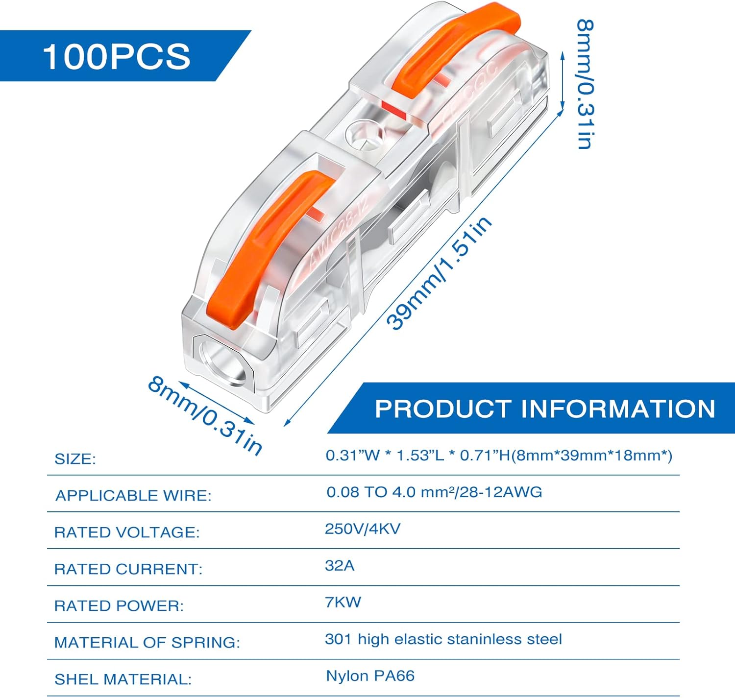 100 Pcs Wire Connectors 1 to 1 Inline Wire Compact Splicing Electrical Connectors 1 Conductor Lever for Quick Wiring Circuit Inline 28-12 AWG