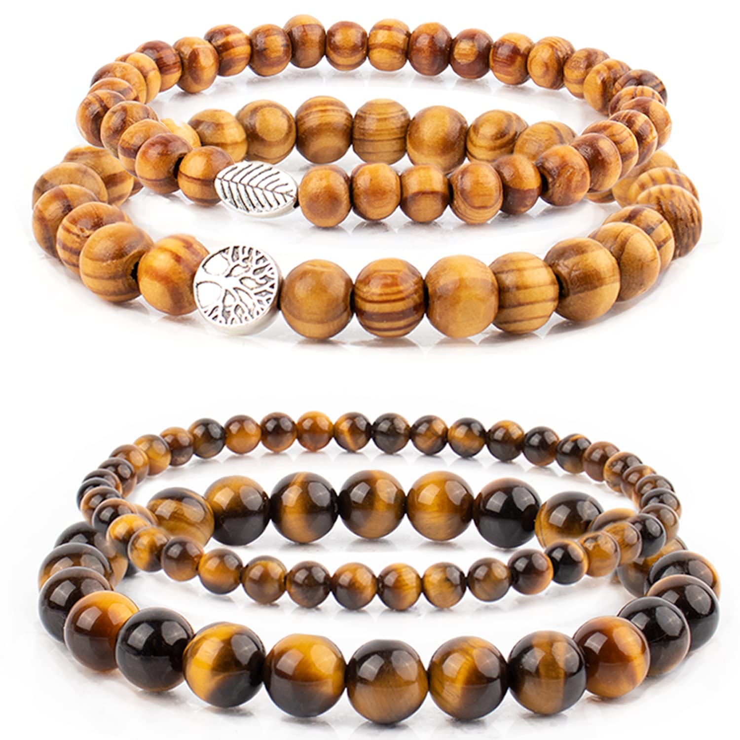 LAFORTISMatching Bracelets for Couples bf and gf Handmade Tiger Eye Pine Wood Stretch Beaded Bracelet Long Distance Protection Healing Bracelets
