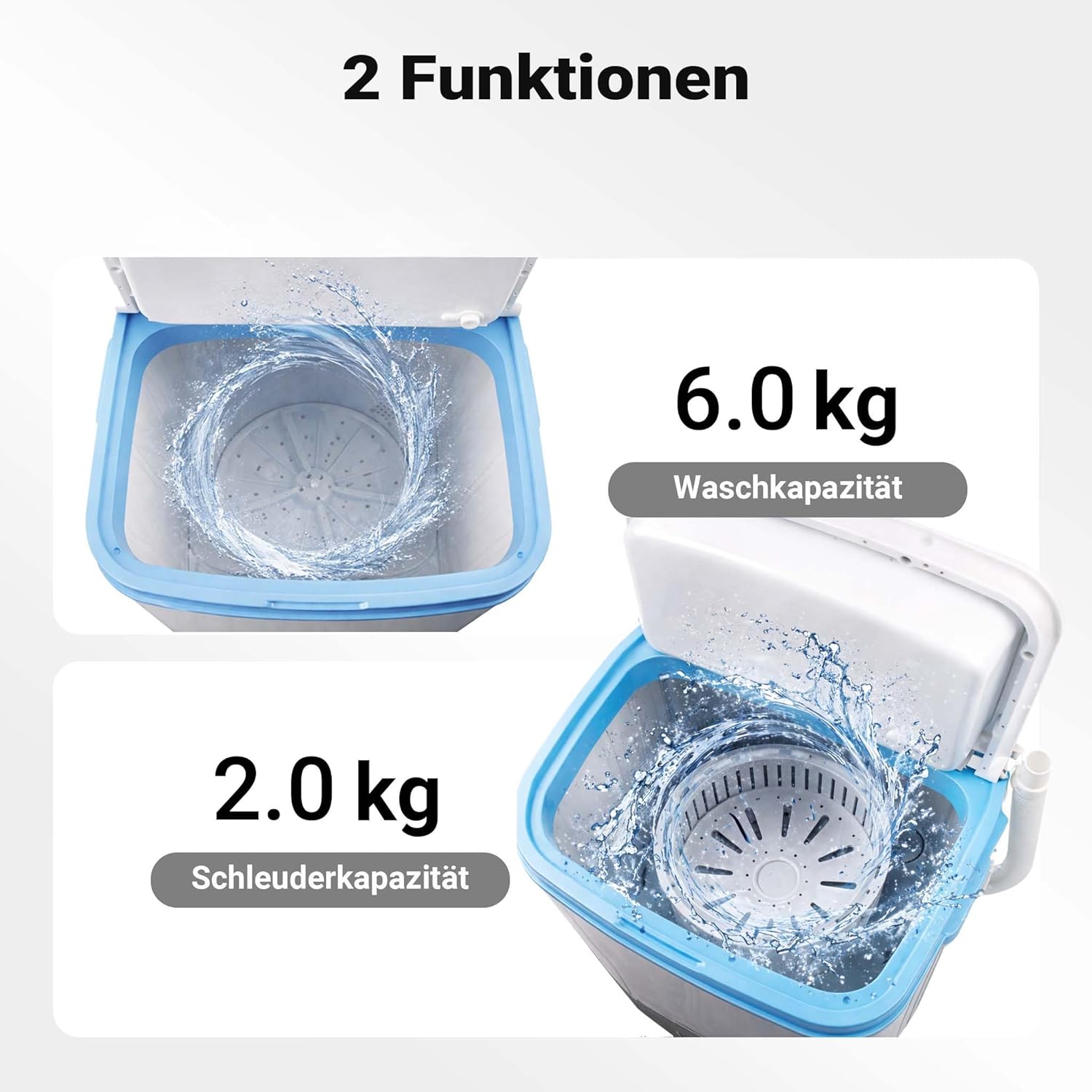 Diagram showing wash and spin capacities of the Wiltec portable washing machine