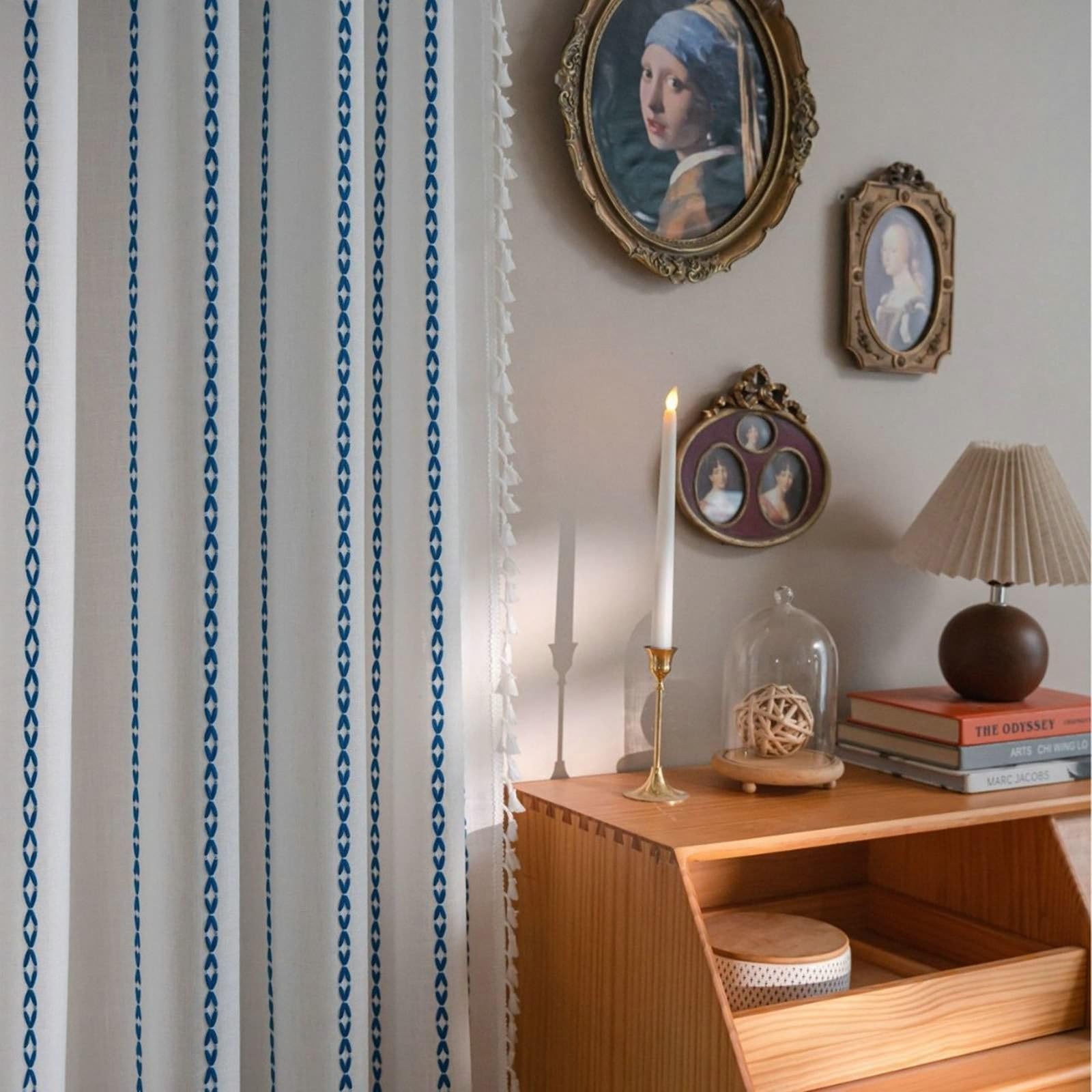 Rideau semi occultant Beydodo lot de 2 en coton aspect lin rayures bleues 132x91cm