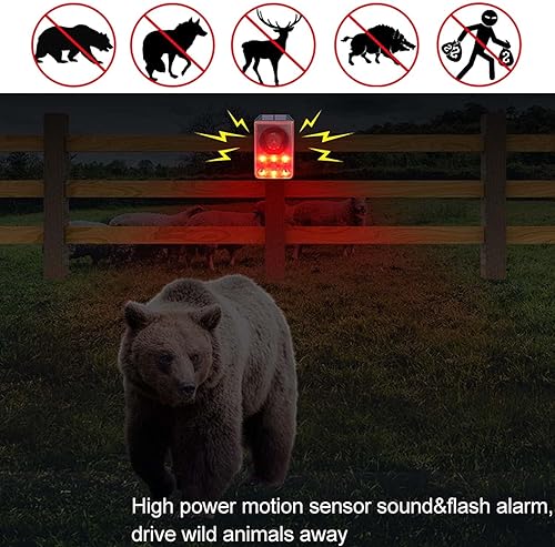 Miniatura 10 de WONFAST - Detector de movimiento solar, luz de sirena estroboscópica de seguridad de advertencia de sonido de 130 db, sonido de ladridos de perro de