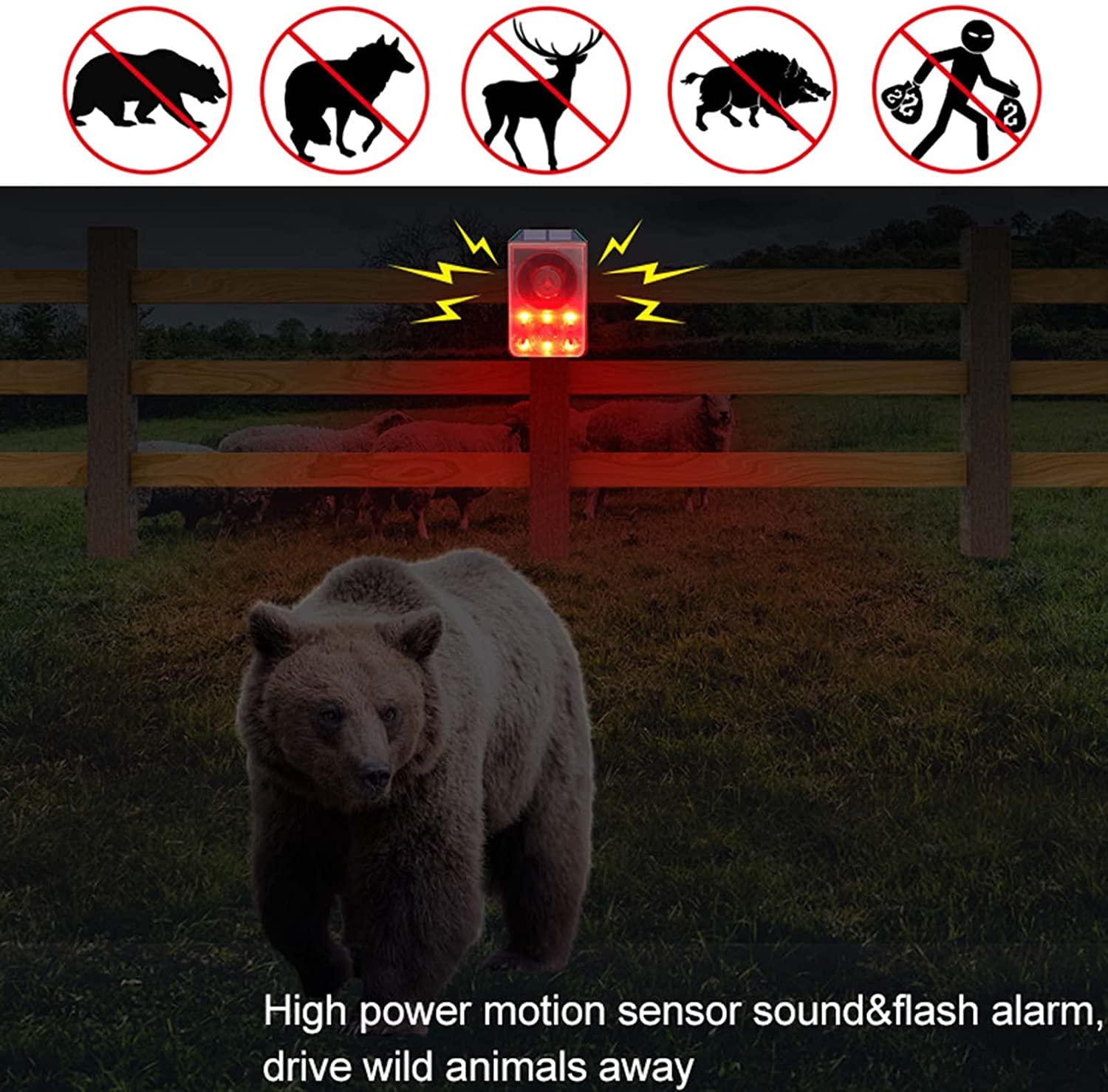 Solar-Bewegungsmelder-Alarmlicht, 130 dB, Warnung, Sicherheit, Stroboskop, Sirene, Gewehrschuss, Hund, Bellgeräusch und Aufzeichnung von 20 Sekunden, individuelle Nachricht für Bauernhof