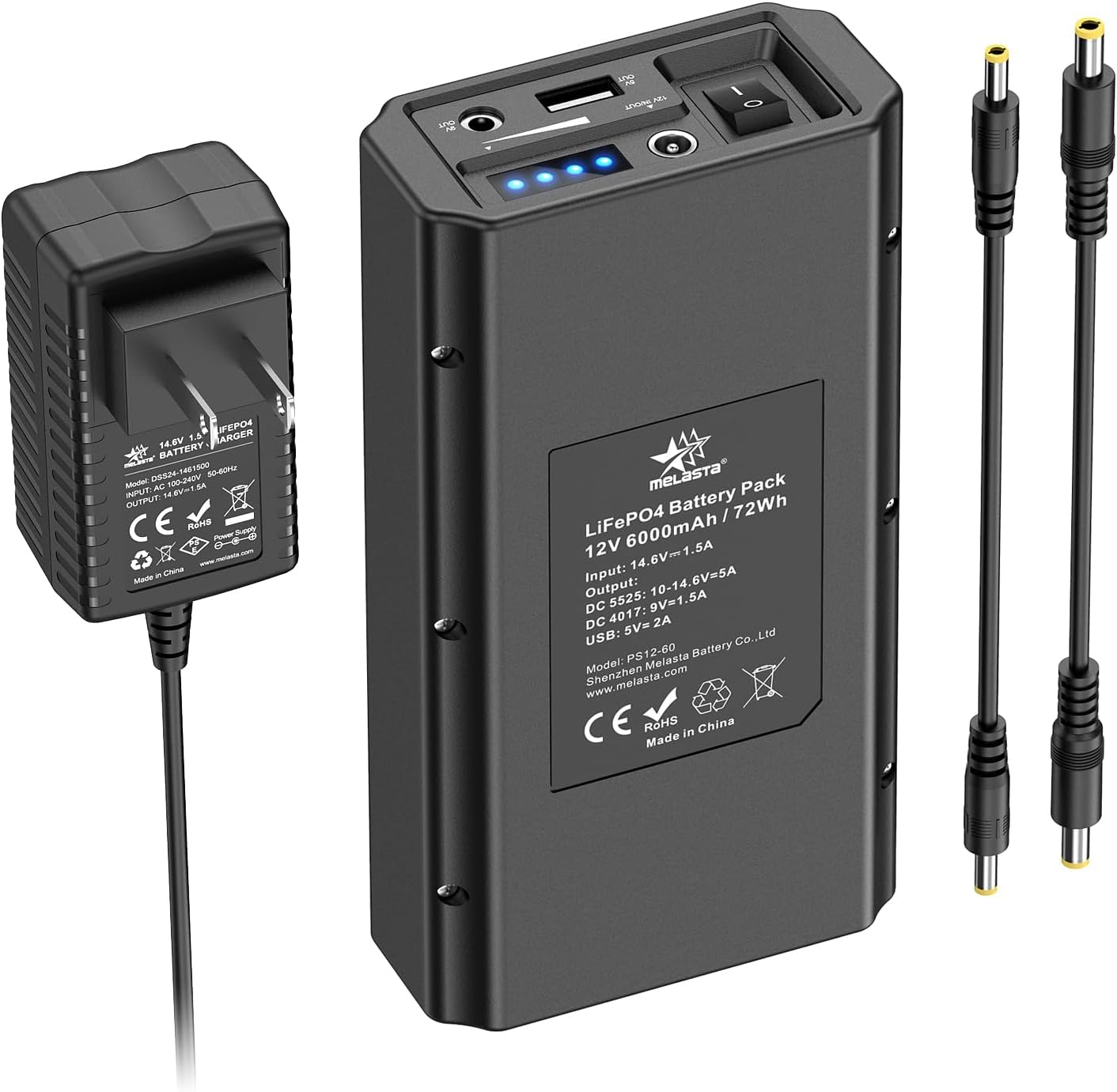 melasta 12V LiFePO4 Battery Power Bank, 6000mAh Rechargeable Lithium ion Battery Pack with 12V 9V DC and 5V USB Output, for LED Light Strip CCTV Camera Telescope Mobile