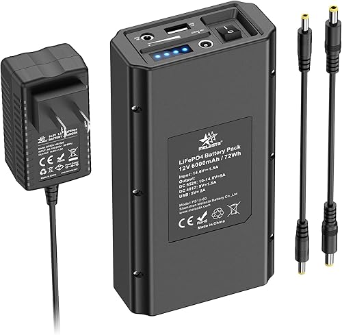 Miniatura 1 de melasta 12V LiFePO4 Battery Power Bank, 6000mAh Rechargeable Lithium ion Battery Pack with 12V 9V DC and 5V USB Output, for LED Light Strip CCTV