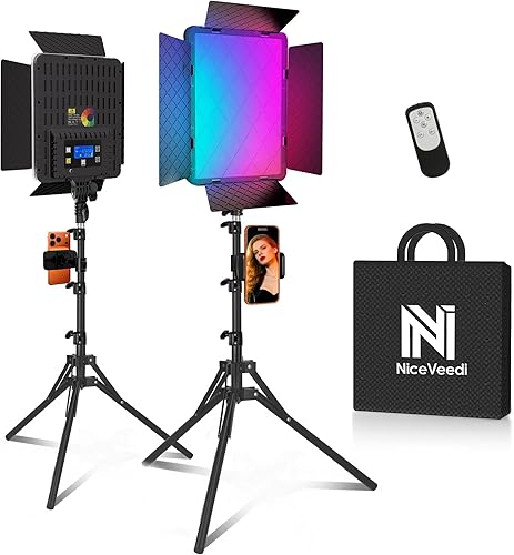Miniatura 9 de NiceVeedi Iluminación de fotografía RGB de 40 W con 20 efectos, 360° a todo color/2700-6500K luces de estudio con control remoto y pantalla, 1