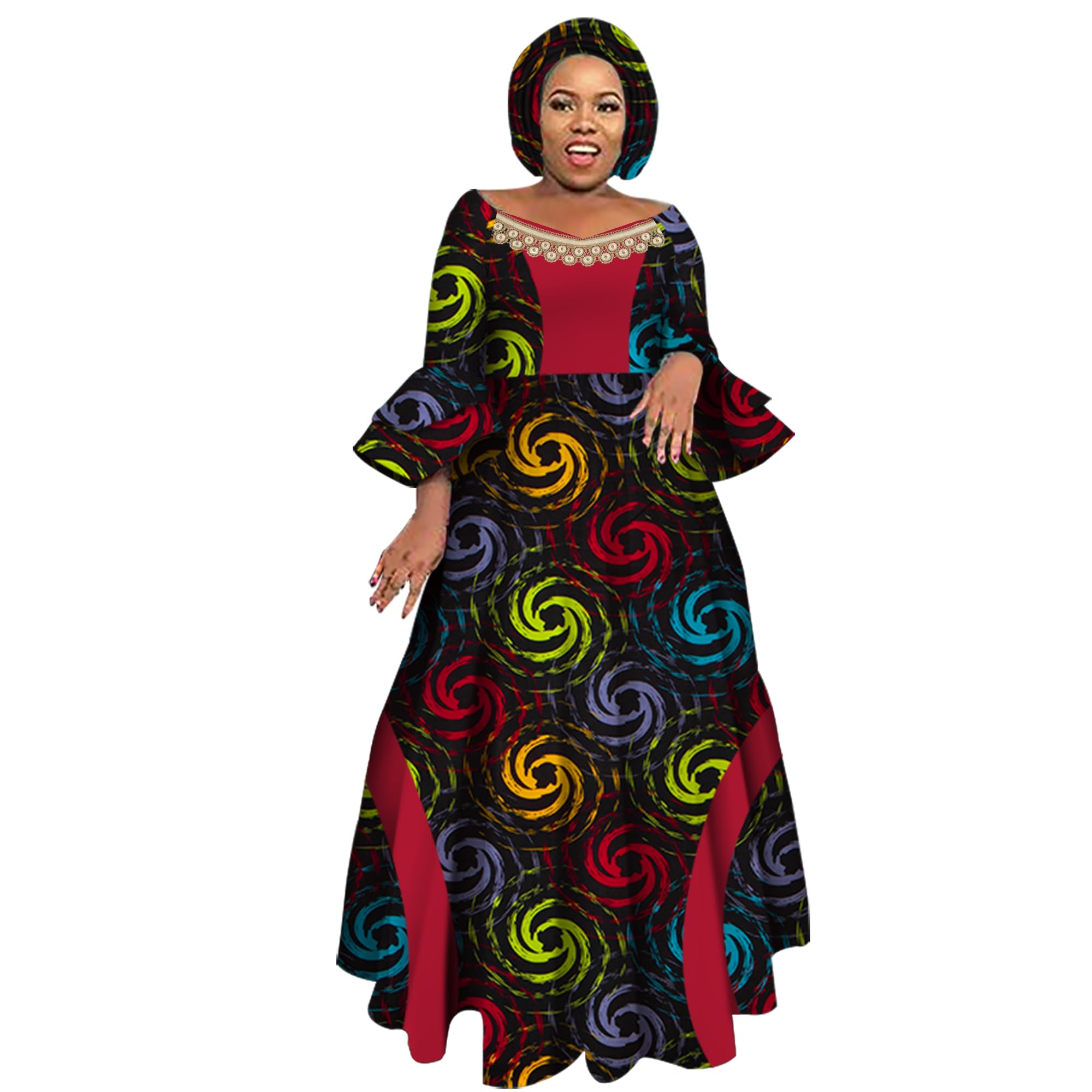 iooiooi Womens African Print Party Maxi Dress Ankara Long Dress &amp; Headwrap