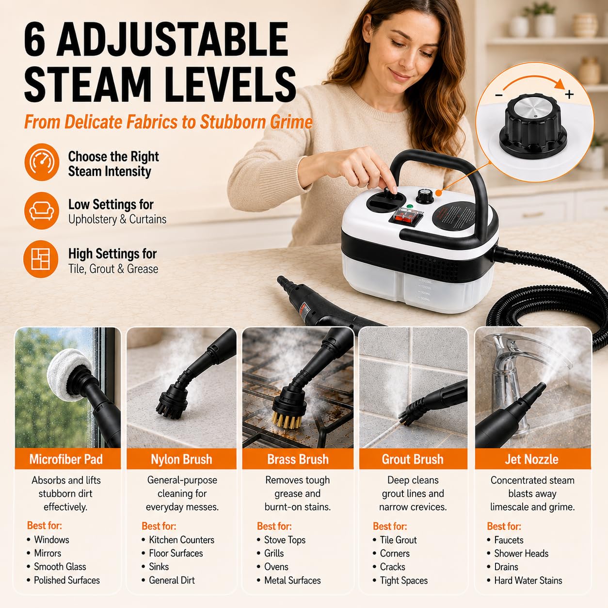 auvstar Limpiador a Vapor Portátil 2500W, 6 Niveles Ajustables, Depósito 1200ml, Vaporeta Multifunción, Steam Cleaner para Cocina, Baño, Coche, Ventanas, Suelos