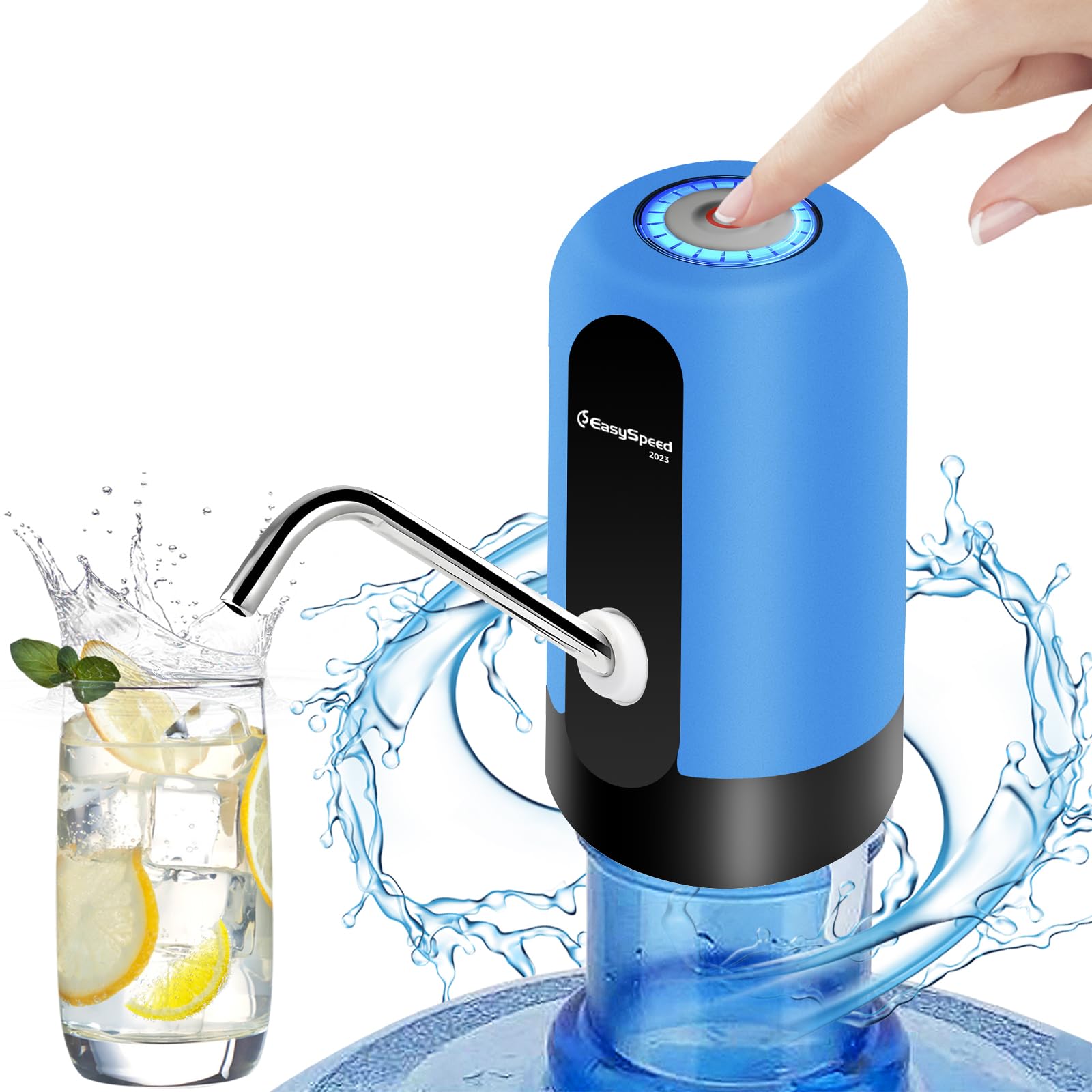 EASYSPEED Dispensador de Agua, USB Bateria 1200 mAh, Bomba Grifo de Agua, Eléctrica Portátil con 2 adaptadores para Botellas y garrafas de 5, 8, 10, 13 y 20 litros, Azul