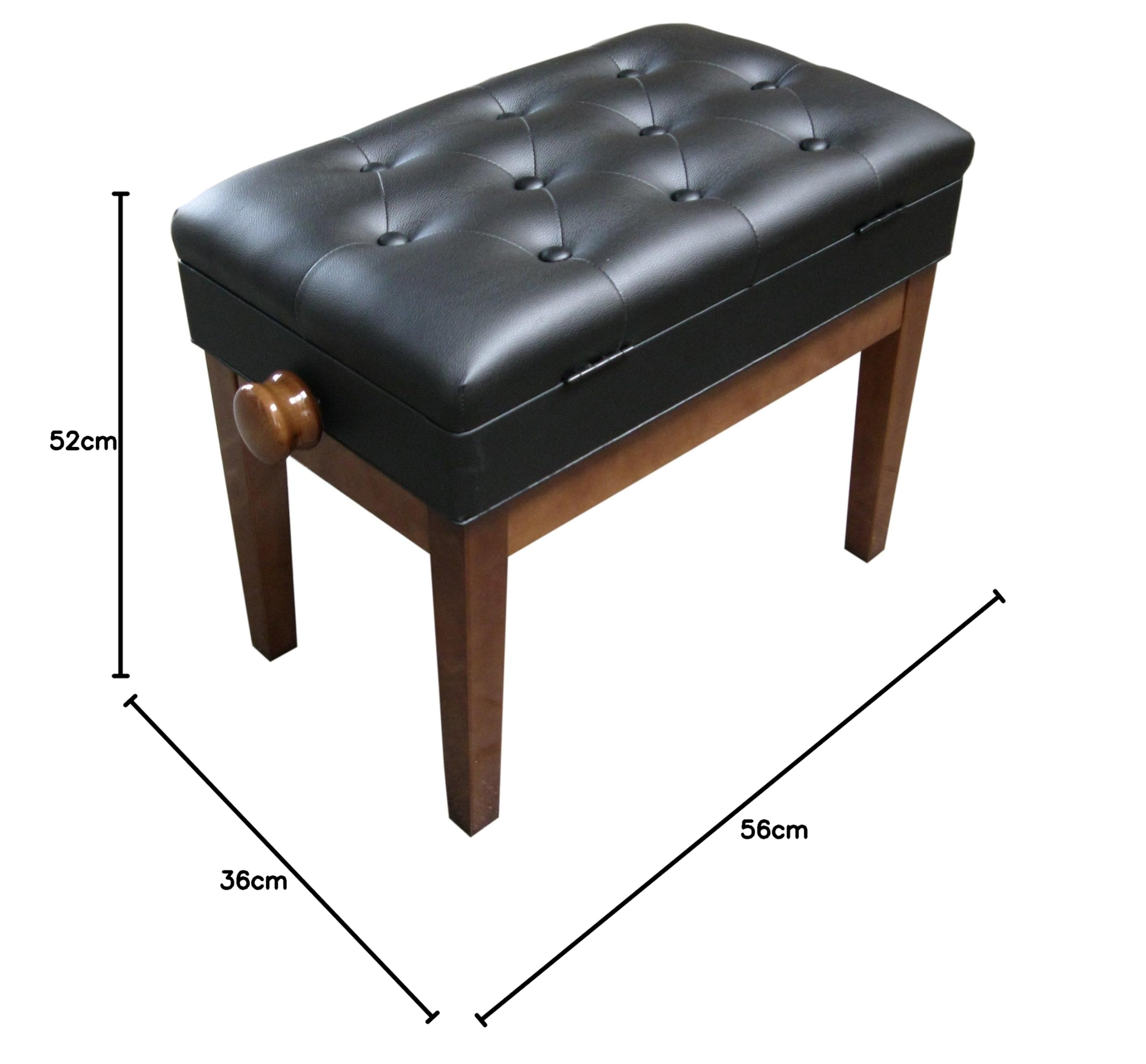 KLAVIERBANK MIT NOTENFACH - PIANOSTUHL - KLAVIERHOCKER - PIANOBANK - WALNUSS Hochglanz - Starke POLSTERUNG - Leder SCHWARZ- HÖHENVERSTELLBAR - SITZFLÄCHE 36cm x 56cm - KL13