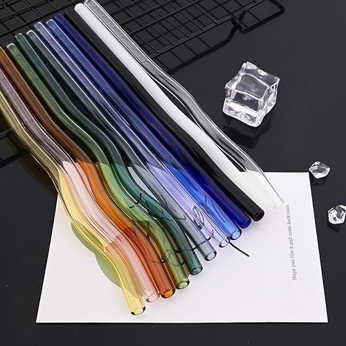 Miniatura 7 de JASHII Pajitas de vidrio onduladas rosas, 8 popotes de vidrio reutilizables de 7.87 x 0.31 pulgadas con bolsa negra, pajitas de vidrio multicolor