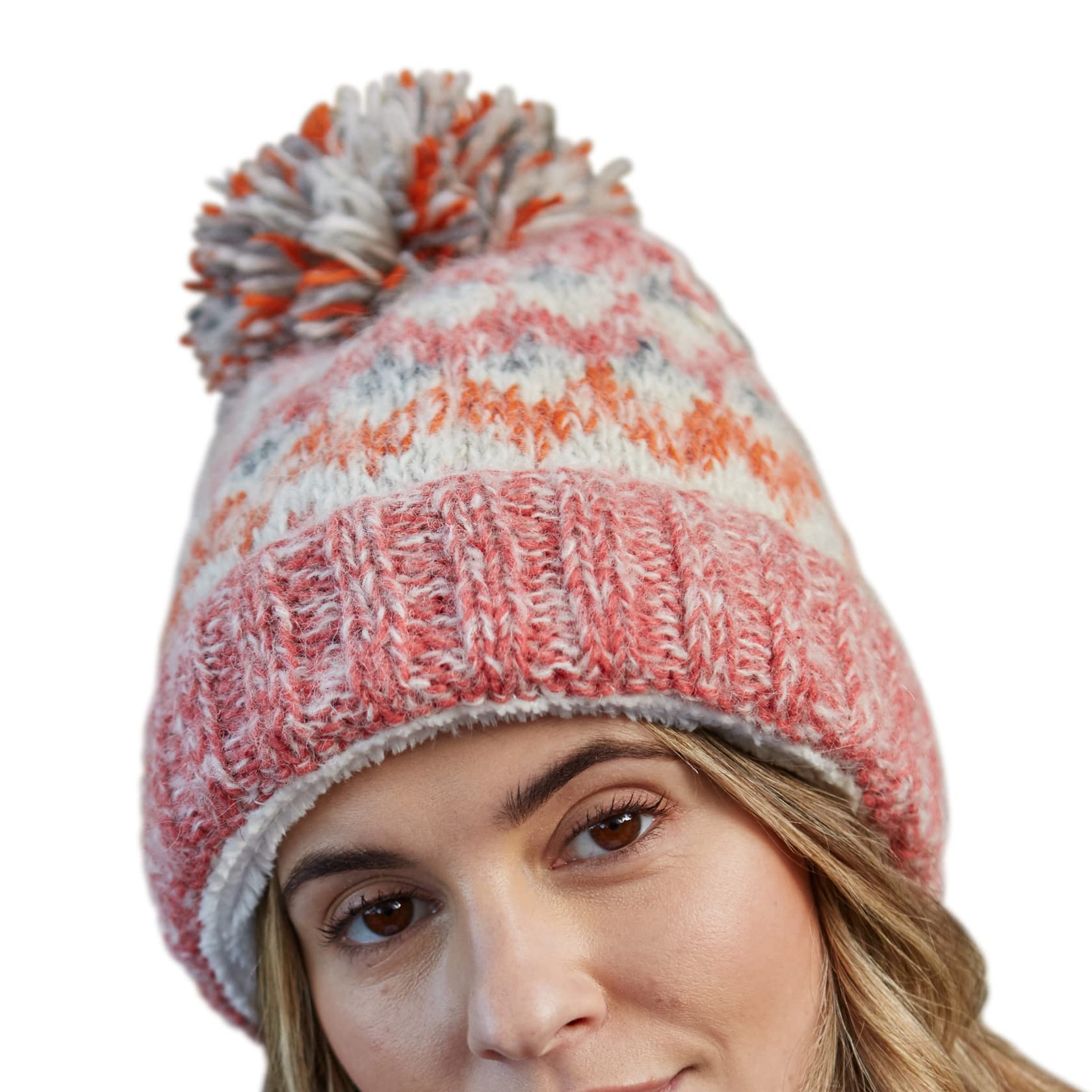 Pachamama Women Wool/Mohair Beanie Bobble Hat Sherpa Fleece Lined Handknitted Soft Stripe One-Size Handmade Extra Warm Fair Trade (Brick)