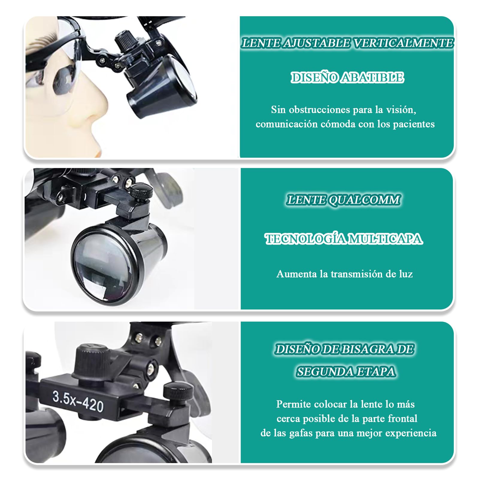 Gafas Aumento Dentista 3.5X Lupa Dental Profesional con Luz LED Distancia Interpupilar Ajustable 50-60 mm