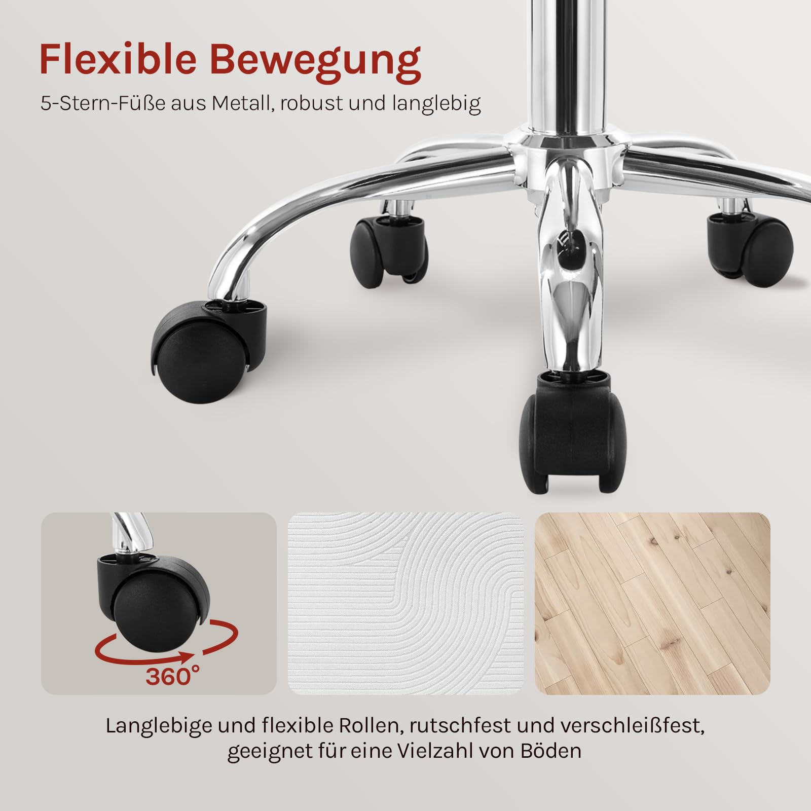 WOLTU Rollhocker Schminkhocker Hocker höhenverstellbar mit Rollen & Lehne Grau Arbeitshocker 360° Drehhocker Bürostuhl Kosmetikhocker für Werkstatt, Schönheitssalons, Studios, Tätowierungen