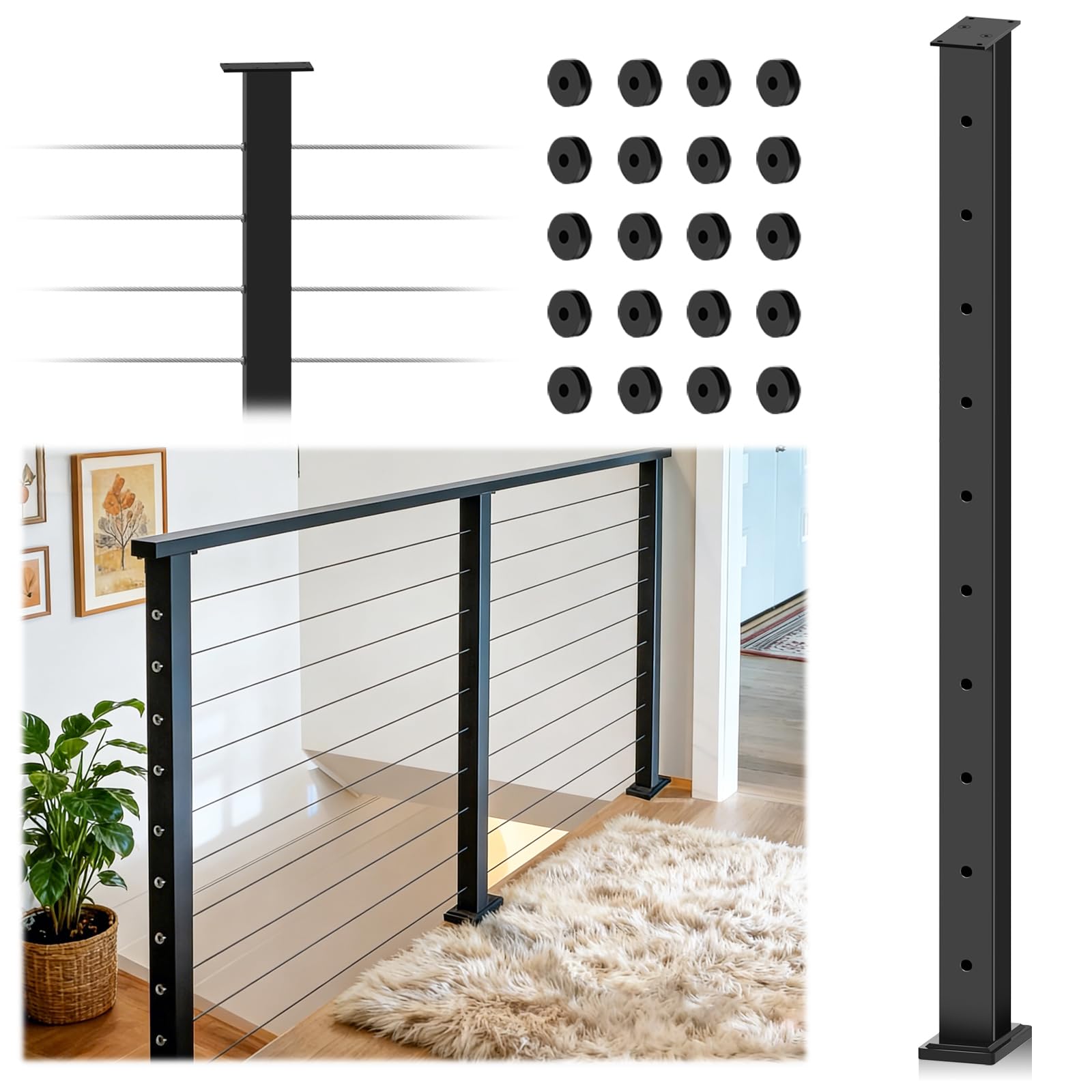 Gyykzz Cable Railing Post 36Inch, Level Drilled Railing Line Post with Flat Design Silicon Rings, Stainless Steel Horizontal Hole Deck Wire Railing