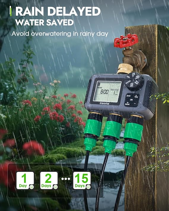 Insoma 3 Zone Sprinkler Timer with Brass Inlet Outlet, Water Timer for Garden, Rain Delay/Manual/Automatic Watering System, Large LCD + IPX5 Waterproof, Water Hose Timers for Lawn, Garden, Pool