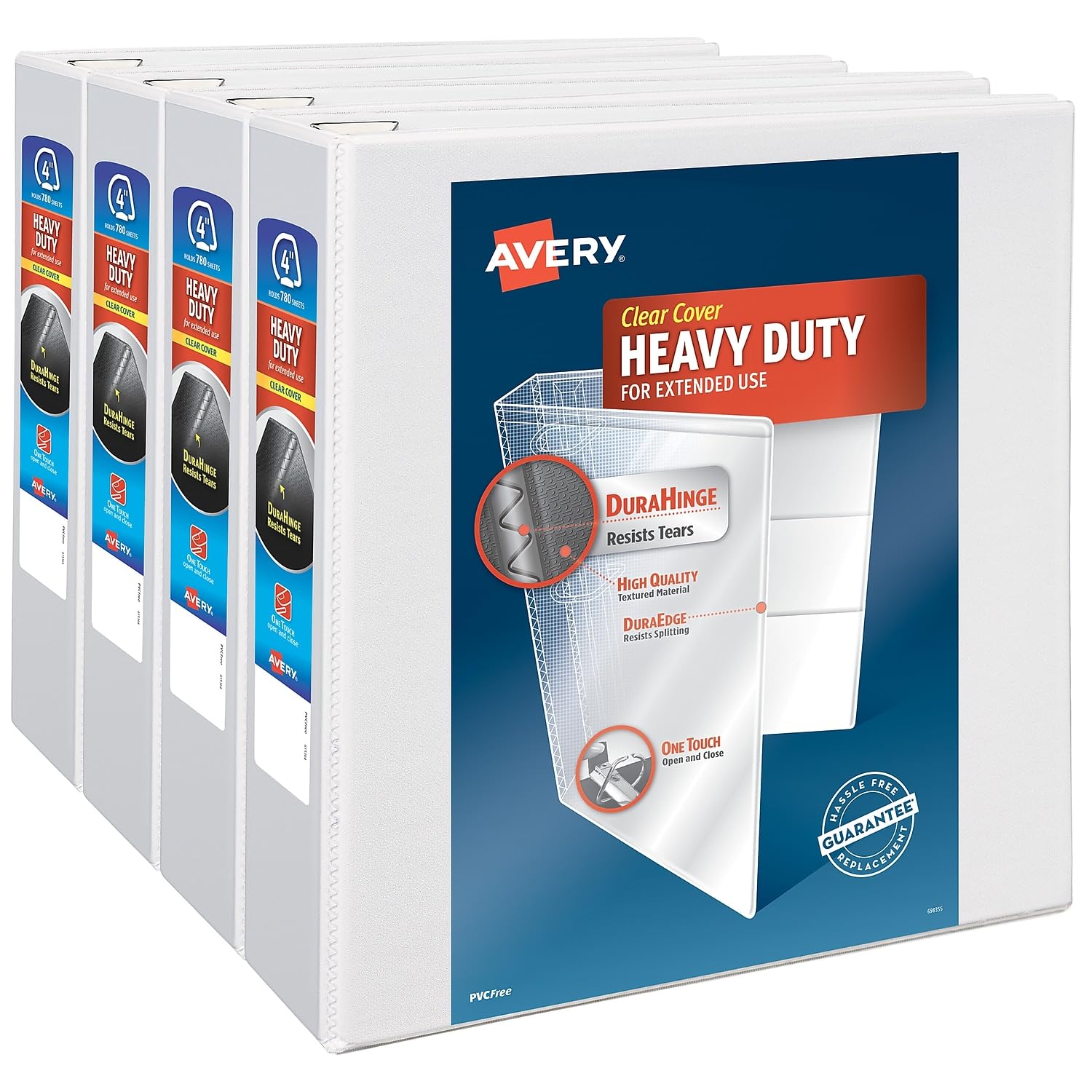 Avery Raccoglitore a 3 anelli resistente, anello inclinato One Touch da 10,2 cm, contiene carta da 21,6 x 27,9 cm, 4 raccoglitori bianchi (79704)