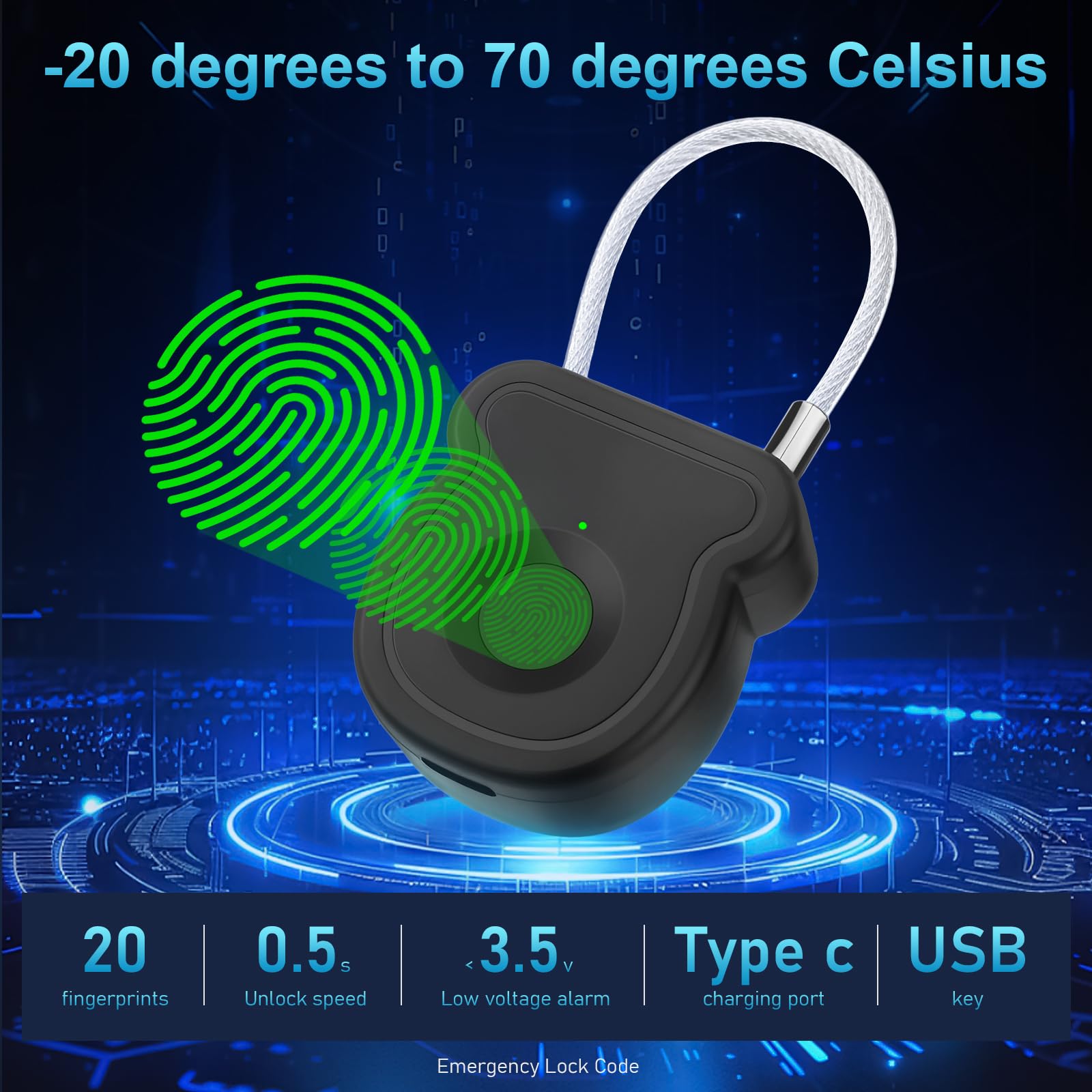 BlumWay Cadenas à empreintes digitales, verrouillage intelligent sans clé, déverrouillage 0,5 s, 20 empreintes digitales, clé USB, code de déverrouillage d'urgence, avertissement de faible puissance