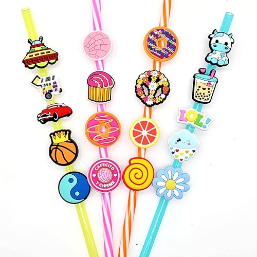 Miniatura 3 de Gibleitz Paquete de 100 adornos de paja a granel al azar diferentes para pajitas de vaso, bonitos adornos de PVC coloridos para popotes