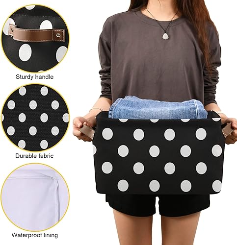 Miniatura 8 de susiyo Cestas de almacenamiento plegables grandes de tela de lunares negros y blancos, canastas decorativas plegables con asas de poliuretano